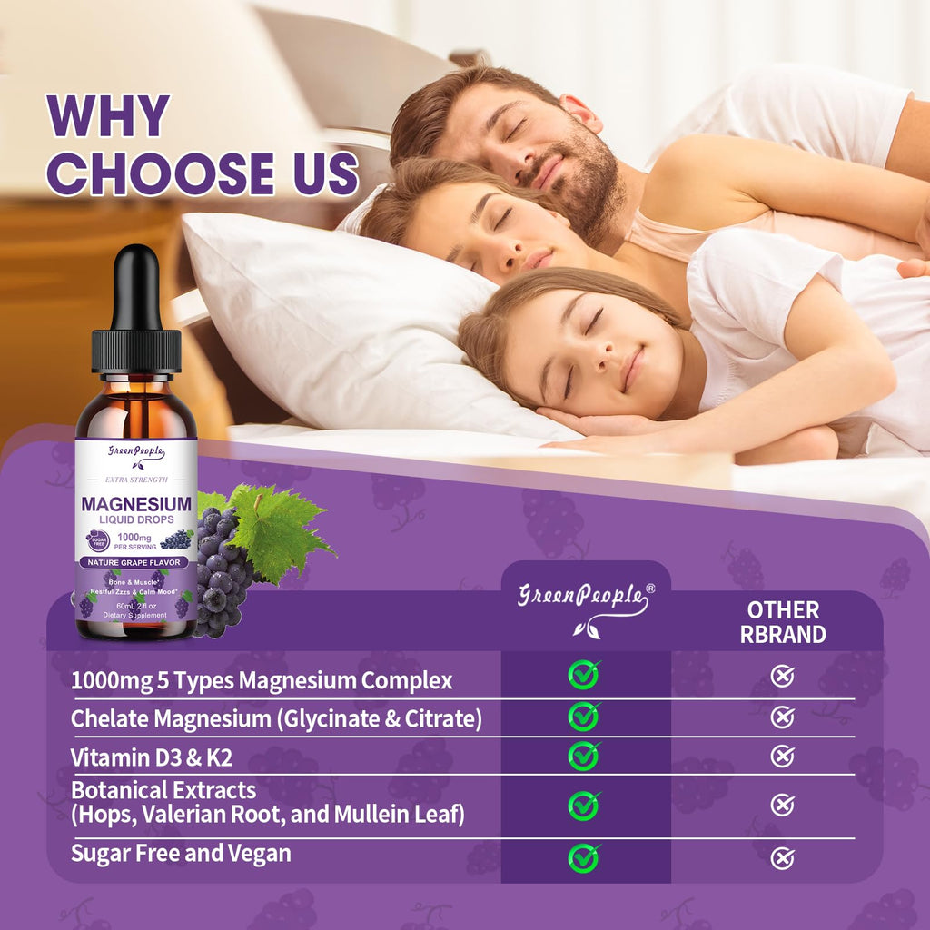 GREENPEOPLE Magnesium Glycinate Liquid Drops - 1000mg 5-in-1 High Absorption Liquid Magnesium for Sleep with D3/K2/B6 | Fast-Acting, Bone, Muscle & Sleep | Sugar-Free Grape Flavor, 2fl Oz - TrustMedUSA