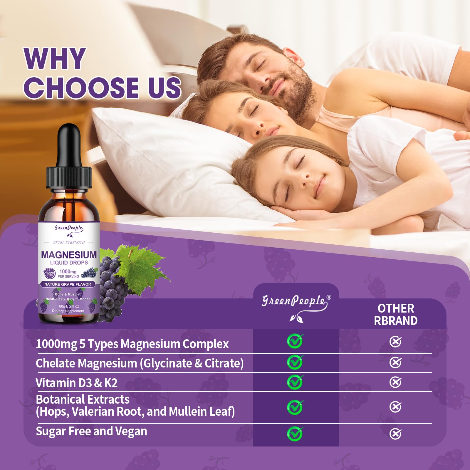 GREENPEOPLE Magnesium Glycinate Liquid Drops - 1000mg 5-in-1 High Absorption Liquid Magnesium for Sleep with D3/K2/B6 | Fast-Acting, Bone, Muscle & Sleep | Sugar-Free Grape Flavor, 2fl Oz - TrustMedUSA