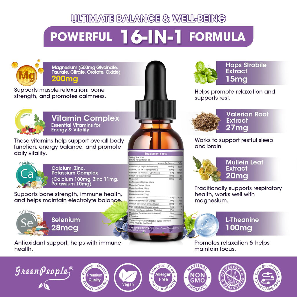 GREENPEOPLE Magnesium Glycinate Liquid Drops - 1000mg 5-in-1 High Absorption Liquid Magnesium for Sleep with D3/K2/B6 | Fast-Acting, Bone, Muscle & Sleep | Sugar-Free Grape Flavor, 2fl Oz - TrustMedUSA