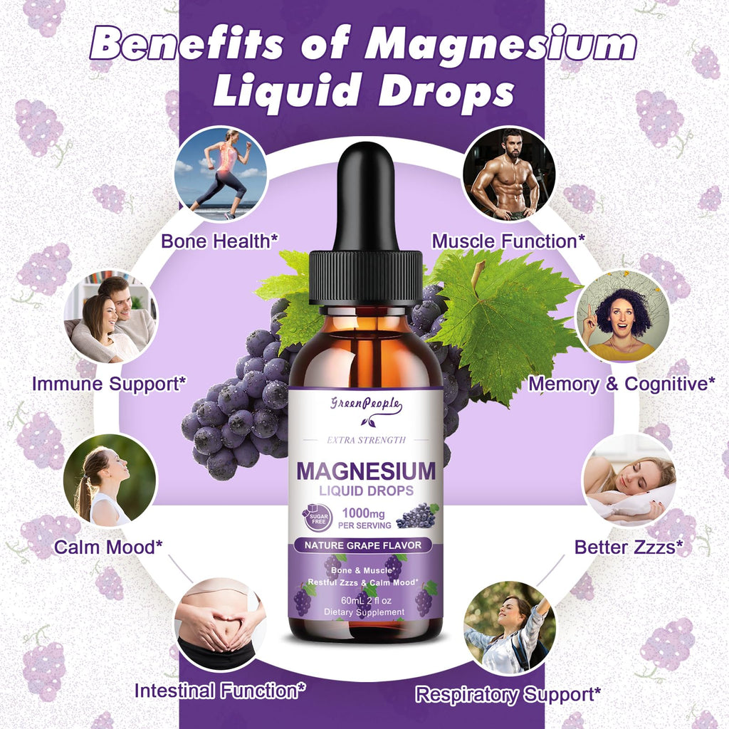 GREENPEOPLE Magnesium Glycinate Liquid Drops - 1000mg 5-in-1 High Absorption Liquid Magnesium for Sleep with D3/K2/B6 | Fast-Acting, Bone, Muscle & Sleep | Sugar-Free Grape Flavor, 2fl Oz - TrustMedUSA