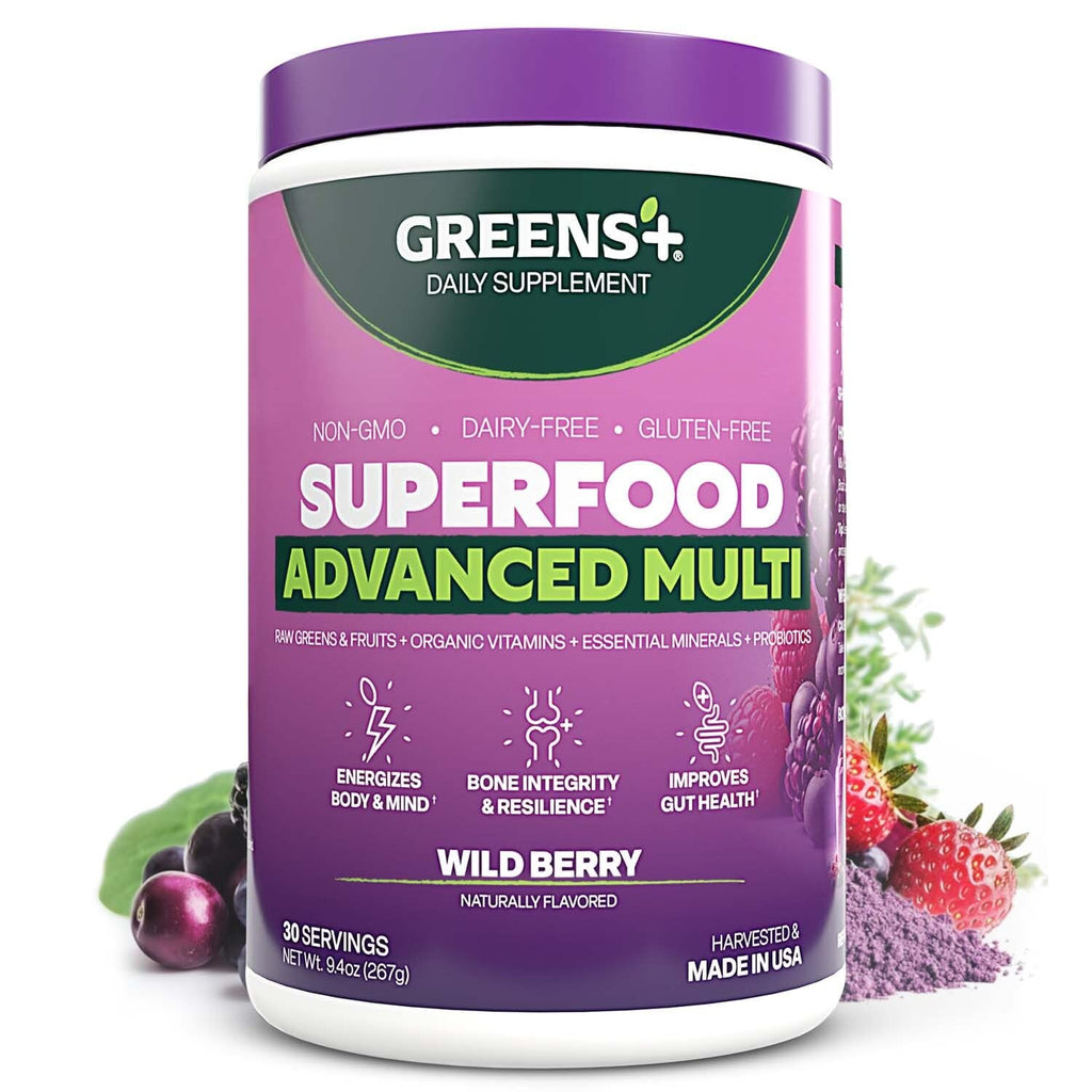 Greens+ Advanced Multi Wild Berry Superfood Powder, Organic Blend, Vegan, Non-GMO, Soy-Free, Dairy-Free, Gluten-Free, Dietary Supplement with Vitamins & Minerals, 9.4 oz - TrustMedUSA