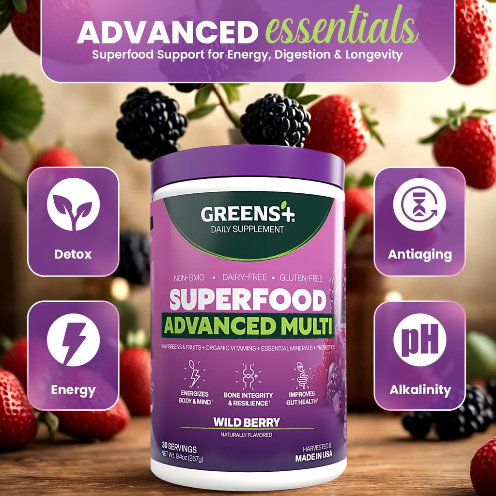Greens+ Advanced Multi Wild Berry Superfood Powder, Organic Blend, Vegan, Non-GMO, Soy-Free, Dairy-Free, Gluten-Free, Dietary Supplement with Vitamins & Minerals, 9.4 oz - TrustMedUSA