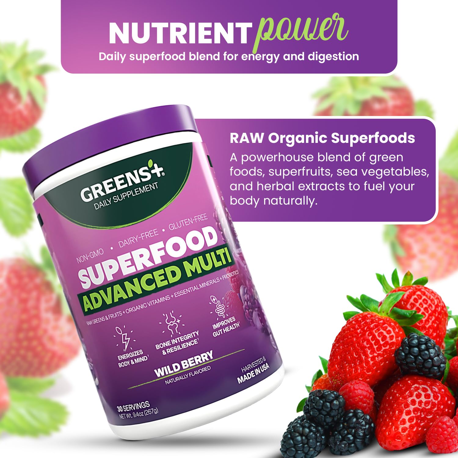 Greens+ Advanced Multi Wild Berry Superfood Powder, Organic Blend, Vegan, Non-GMO, Soy-Free, Dairy-Free, Gluten-Free, Dietary Supplement with Vitamins & Minerals, 9.4 oz - TrustMedUSA