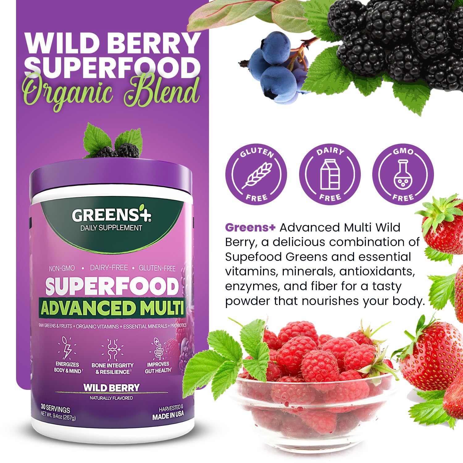 Greens+ Advanced Multi Wild Berry Superfood Powder, Organic Blend, Vegan, Non-GMO, Soy-Free, Dairy-Free, Gluten-Free, Dietary Supplement with Vitamins & Minerals, 9.4 oz - TrustMedUSA