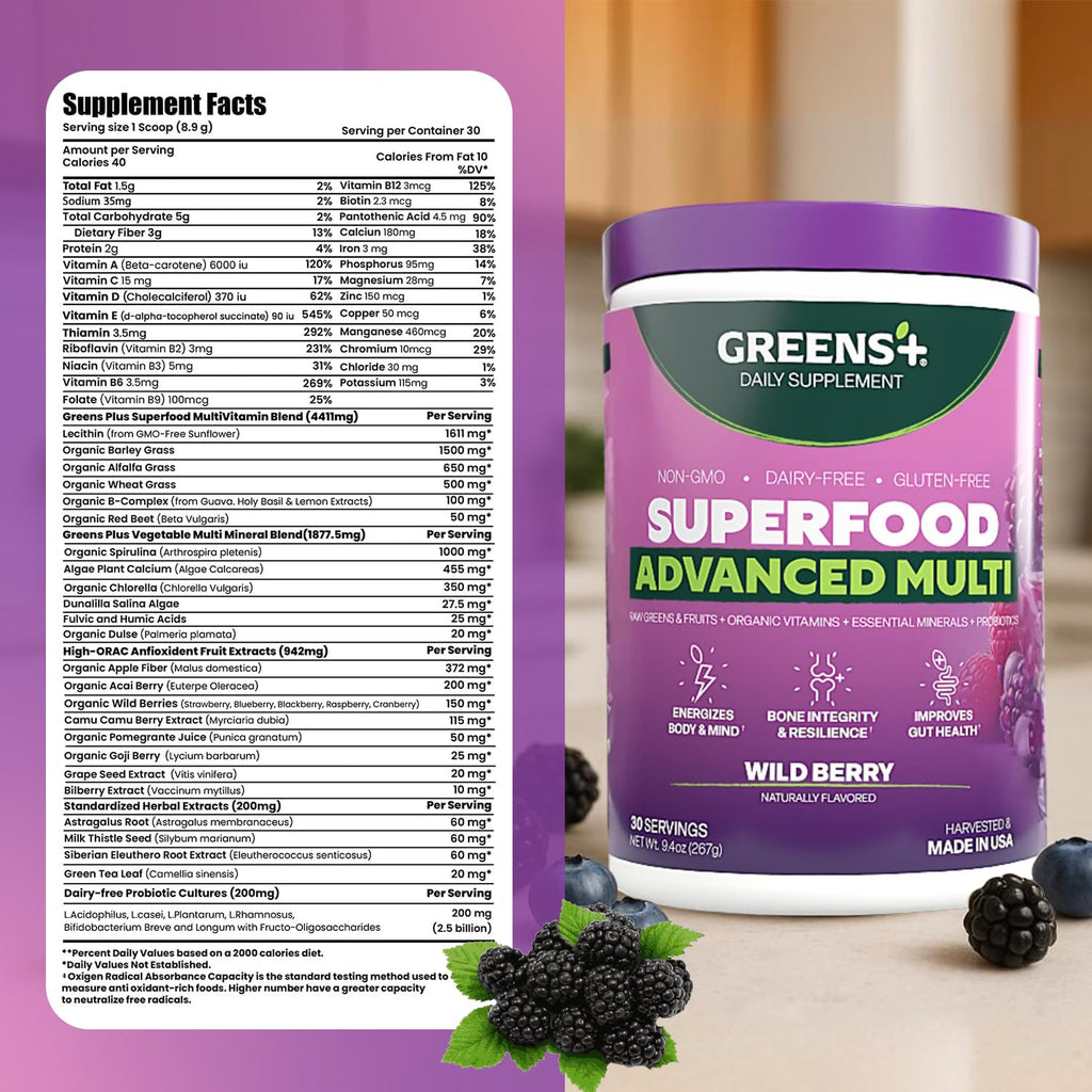 Greens+ Advanced Multi Wild Berry Superfood Powder, Organic Blend, Vegan, Non-GMO, Soy-Free, Dairy-Free, Gluten-Free, Dietary Supplement with Vitamins & Minerals, 9.4 oz - TrustMedUSA