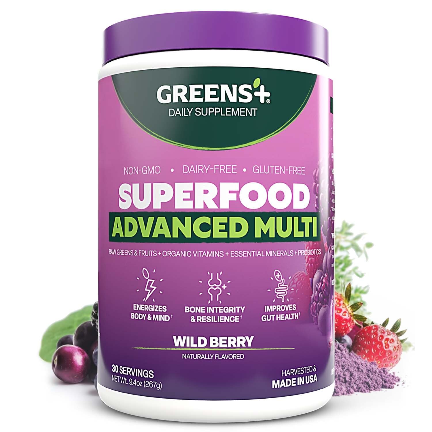 Greens+ Advanced Multi Wild Berry Superfood Powder, Organic Blend, Vegan, Non-GMO, Soy-Free, Dairy-Free, Gluten-Free, Dietary Supplement with Vitamins & Minerals, 9.4 oz - TrustMedUSA