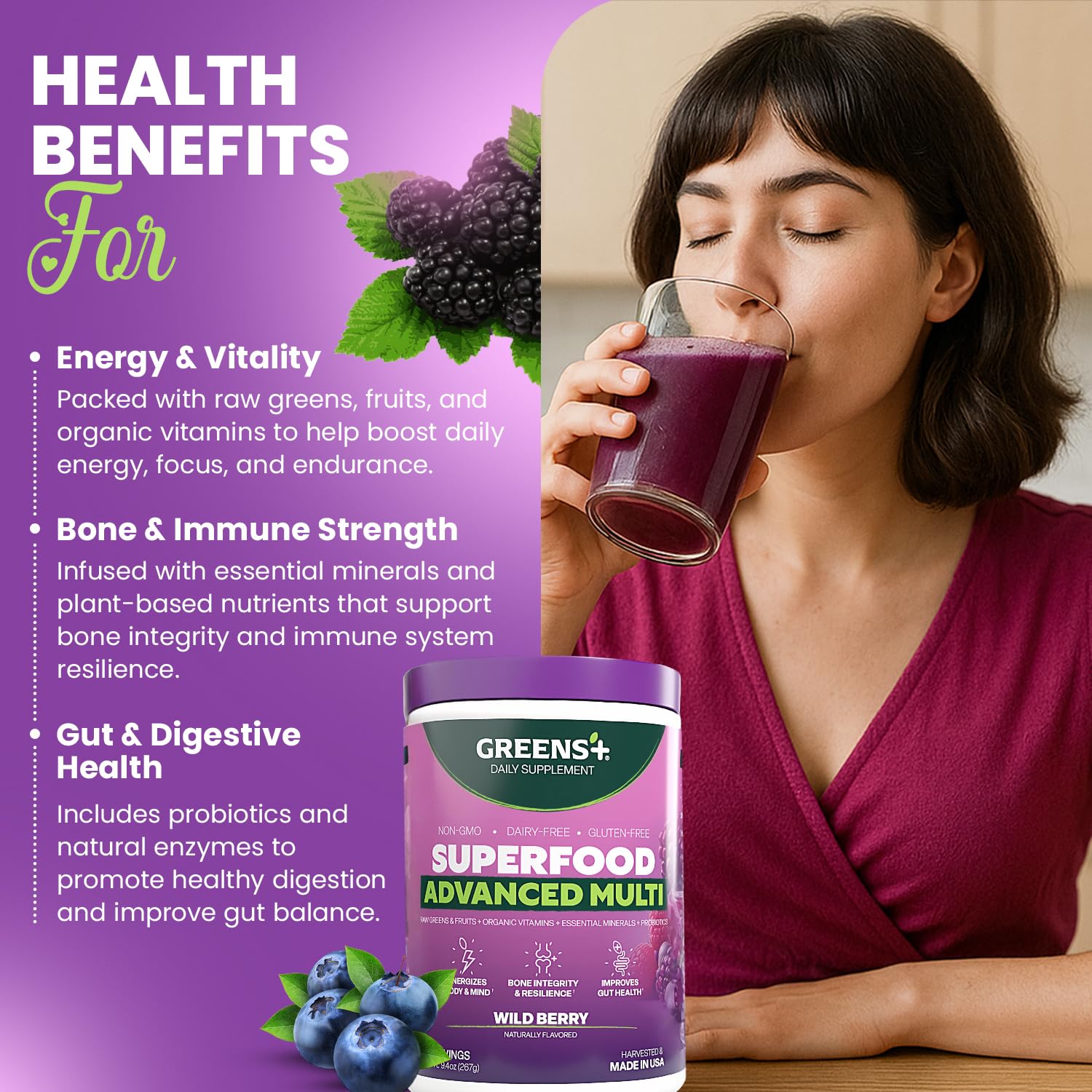 Greens+ Advanced Multi Wild Berry Superfood Powder, Organic Blend, Vegan, Non-GMO, Soy-Free, Dairy-Free, Gluten-Free, Dietary Supplement with Vitamins & Minerals, 9.4 oz - TrustMedUSA