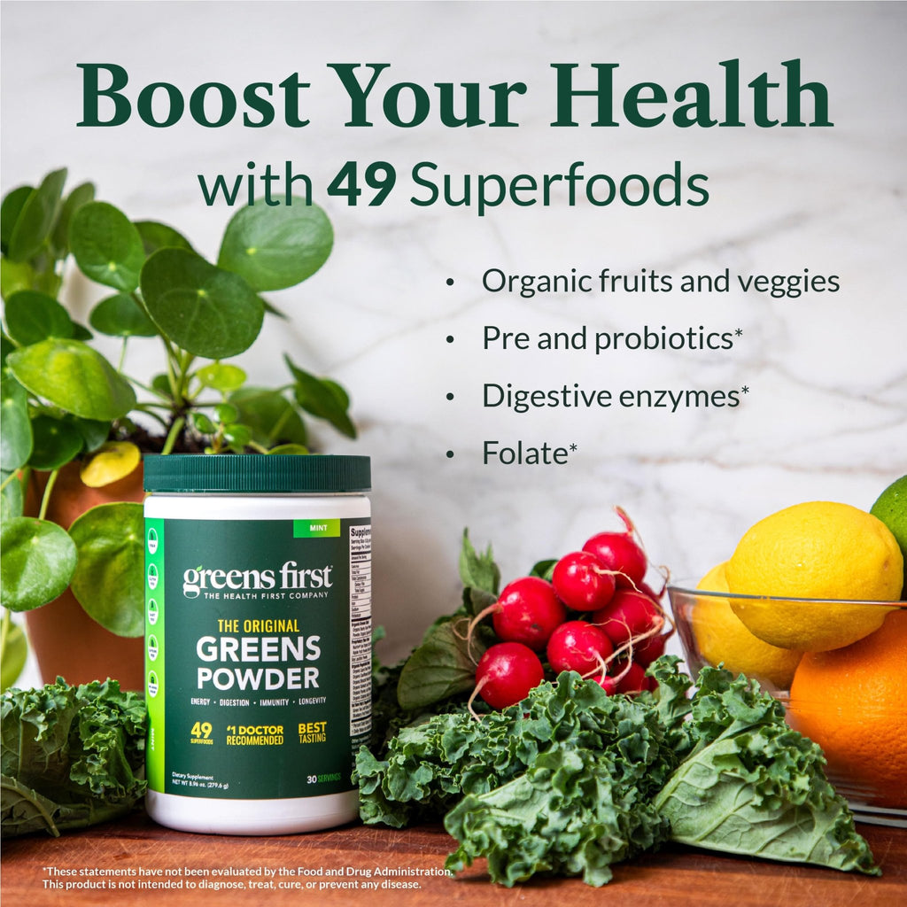 Greens First Original Greens Powder - 49 Superfoods - Organic Fruits & Veggies - Prebiotics, Probiotics & Digestive Enzymes - Antioxidant Smoothie - Dairy Free, Vegan & Non-GMO (Mint, 30 Servings) - TrustMedUSA