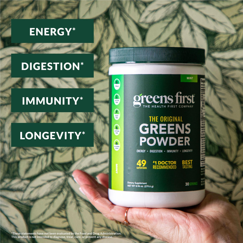 Greens First Original Greens Powder - 49 Superfoods - Organic Fruits & Veggies - Prebiotics, Probiotics & Digestive Enzymes - Antioxidant Smoothie - Dairy Free, Vegan & Non-GMO (Mint, 30 Servings) - TrustMedUSA