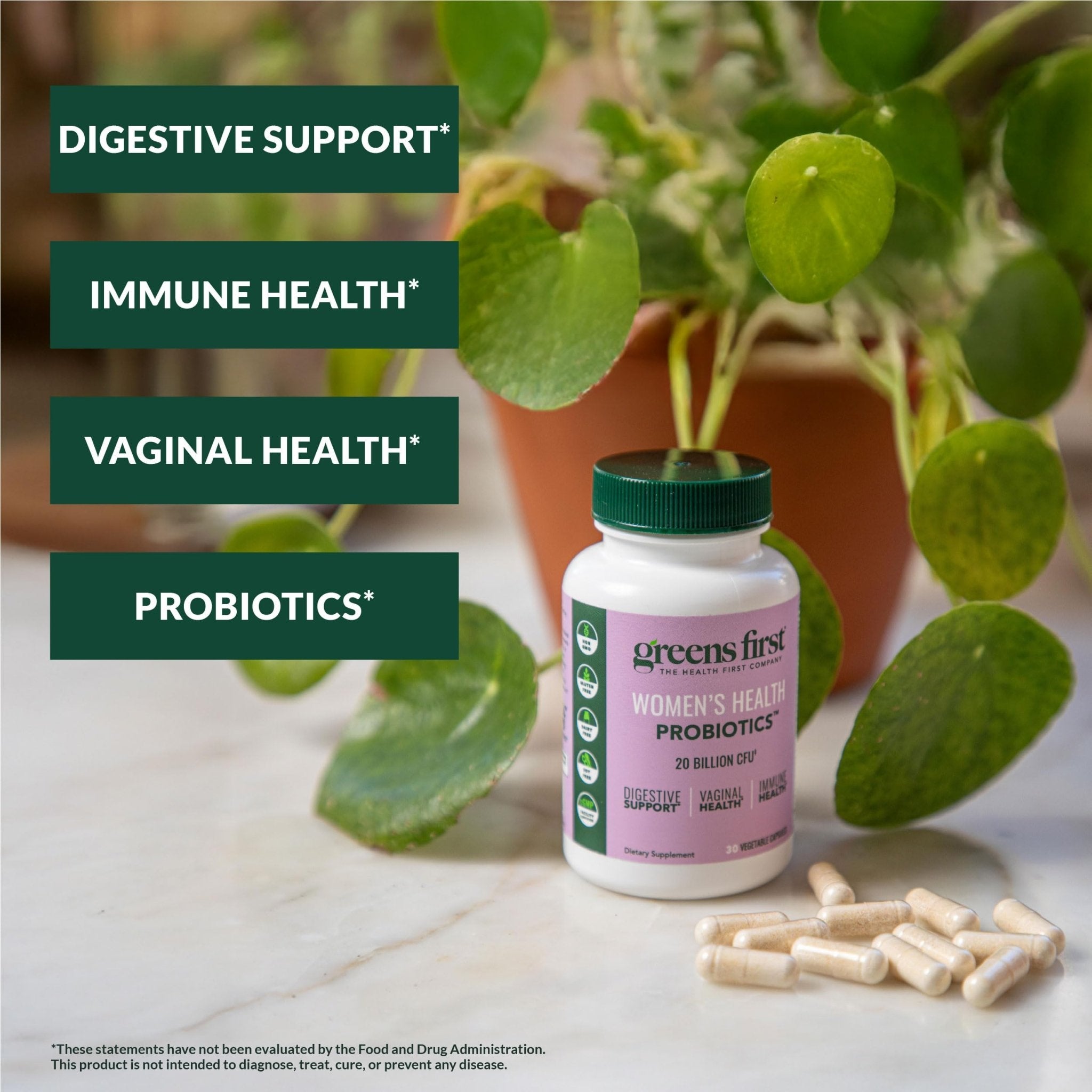 Greens First Women’s Health Probiotics - Probiotic for pH Balance - 20 Billion CFU - Support for Digestive, Immune & Vaginal Health Non-GMO/Gluten-Free/Dairy-Free/Soy-Free (30 Vegetable Capsules) - Maple Wellness Supplements