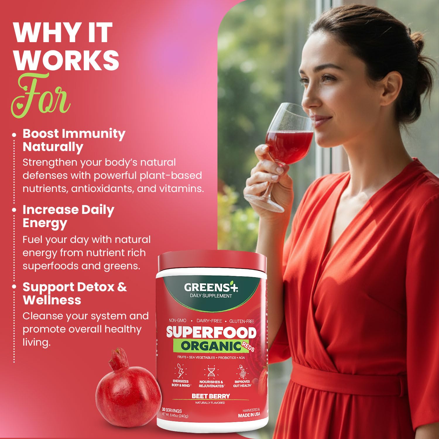 Greens+ Organic Reds Superfood Powder, Antioxidant, Polyphenol, Blend for Morning Kick, Energy, Vitality Boost, Nutrition, Vibrant Health, Vegan Soy/Dairy/Gluten Free(8.46oz) - TrustMedUSA
