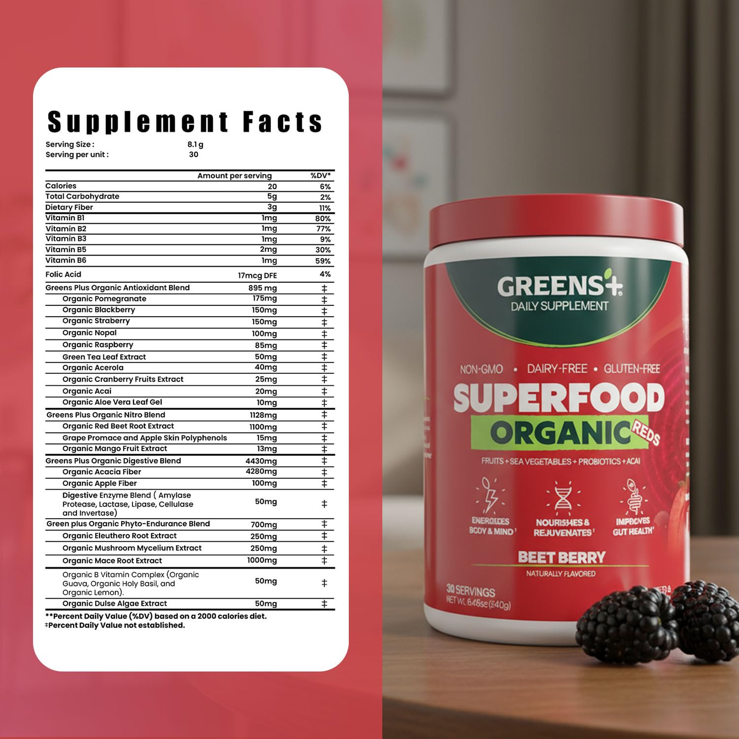 Greens+ Organic Reds Superfood Powder, Antioxidant, Polyphenol, Blend for Morning Kick, Energy, Vitality Boost, Nutrition, Vibrant Health, Vegan Soy/Dairy/Gluten Free(8.46oz) - TrustMedUSA