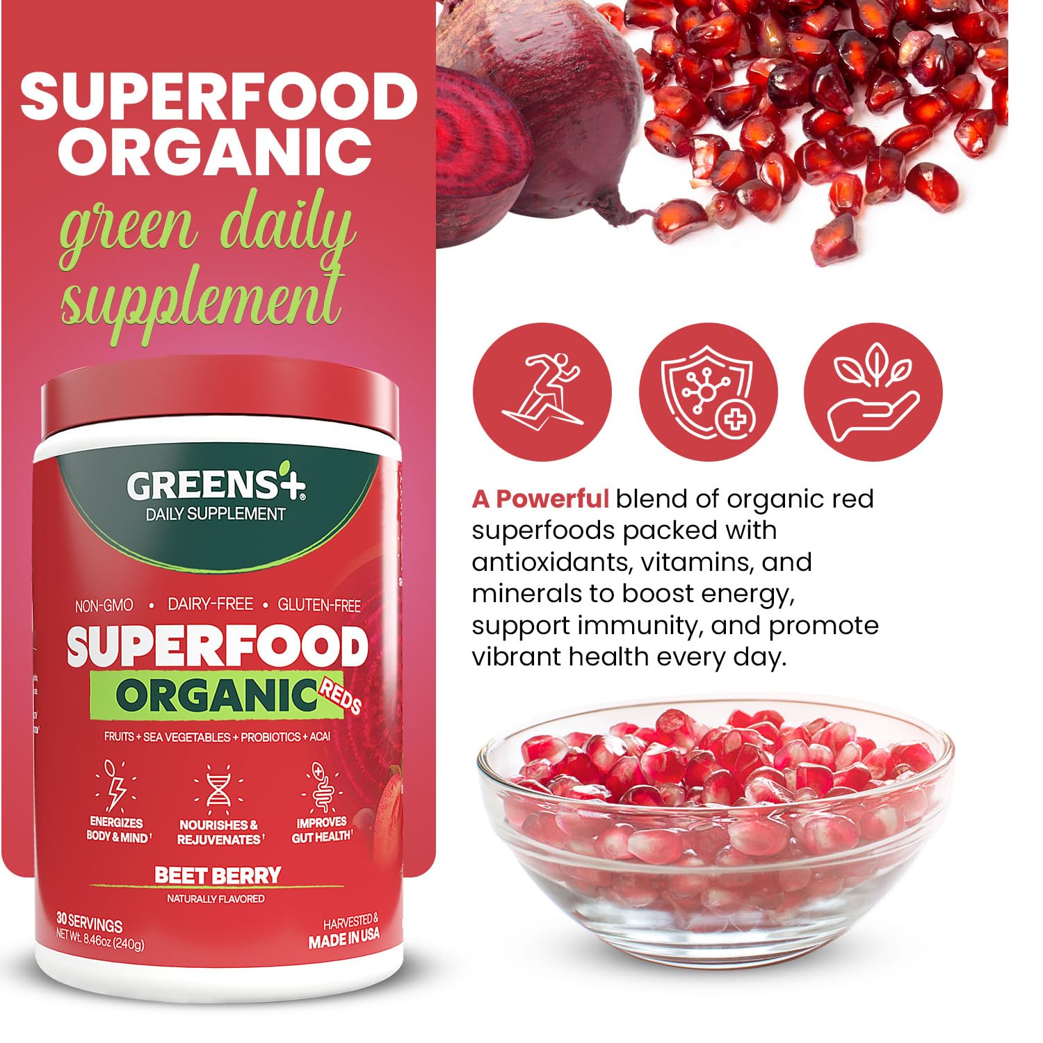 Greens+ Organic Reds Superfood Powder, Antioxidant, Polyphenol, Blend for Morning Kick, Energy, Vitality Boost, Nutrition, Vibrant Health, Vegan Soy/Dairy/Gluten Free(8.46oz) - TrustMedUSA