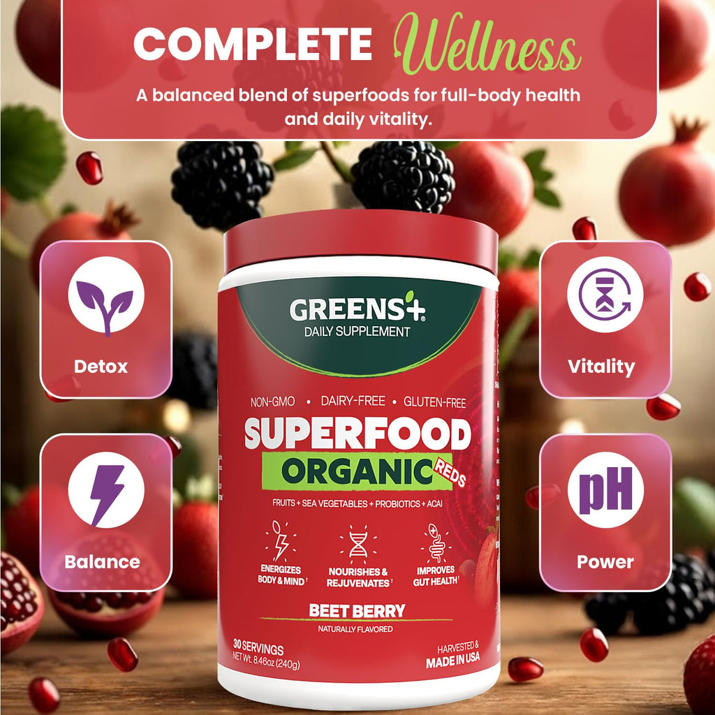 Greens+ Organic Reds Superfood Powder, Antioxidant, Polyphenol, Blend for Morning Kick, Energy, Vitality Boost, Nutrition, Vibrant Health, Vegan Soy/Dairy/Gluten Free(8.46oz) - TrustMedUSA