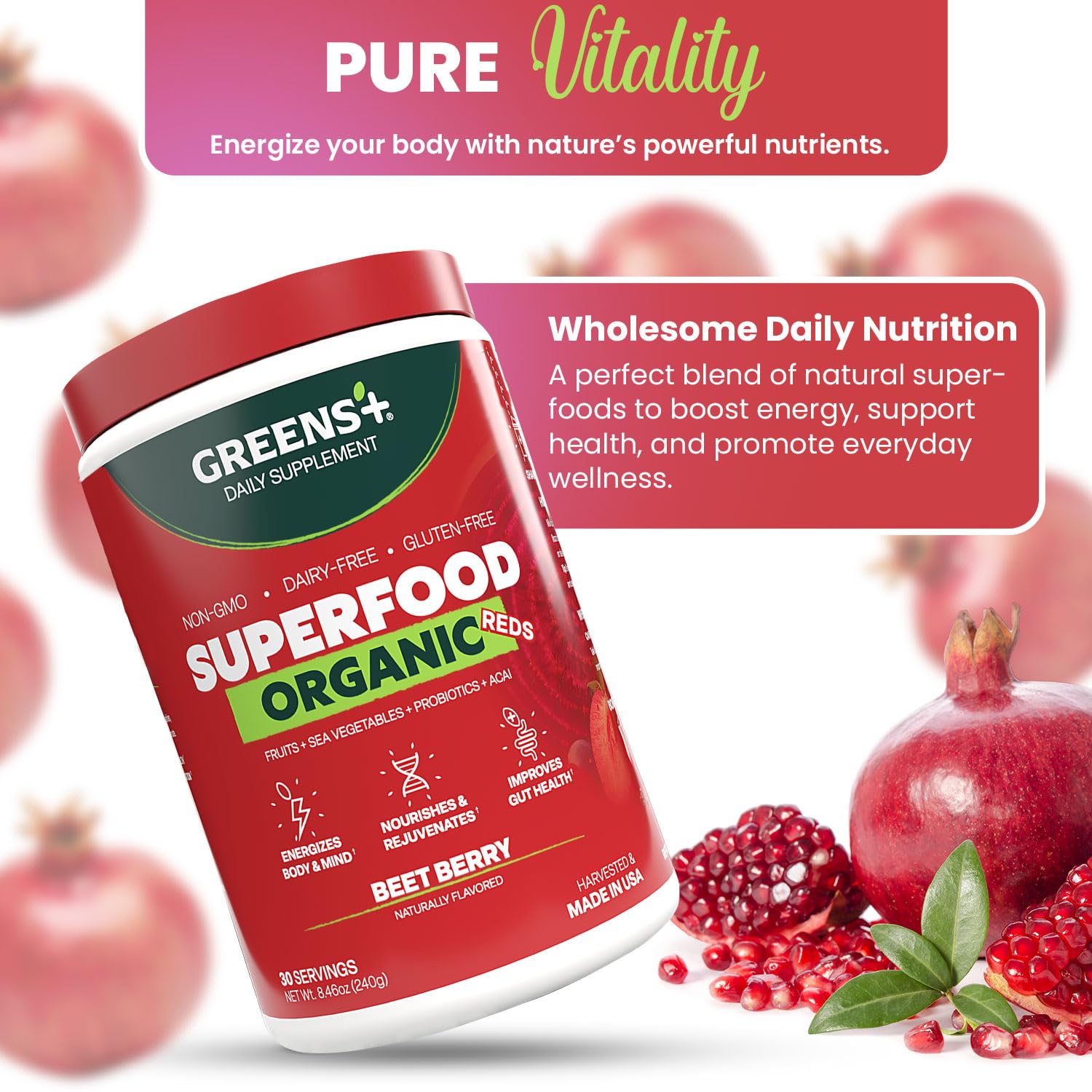 Greens+ Organic Reds Superfood Powder, Antioxidant, Polyphenol, Blend for Morning Kick, Energy, Vitality Boost, Nutrition, Vibrant Health, Vegan Soy/Dairy/Gluten Free(8.46oz) - TrustMedUSA