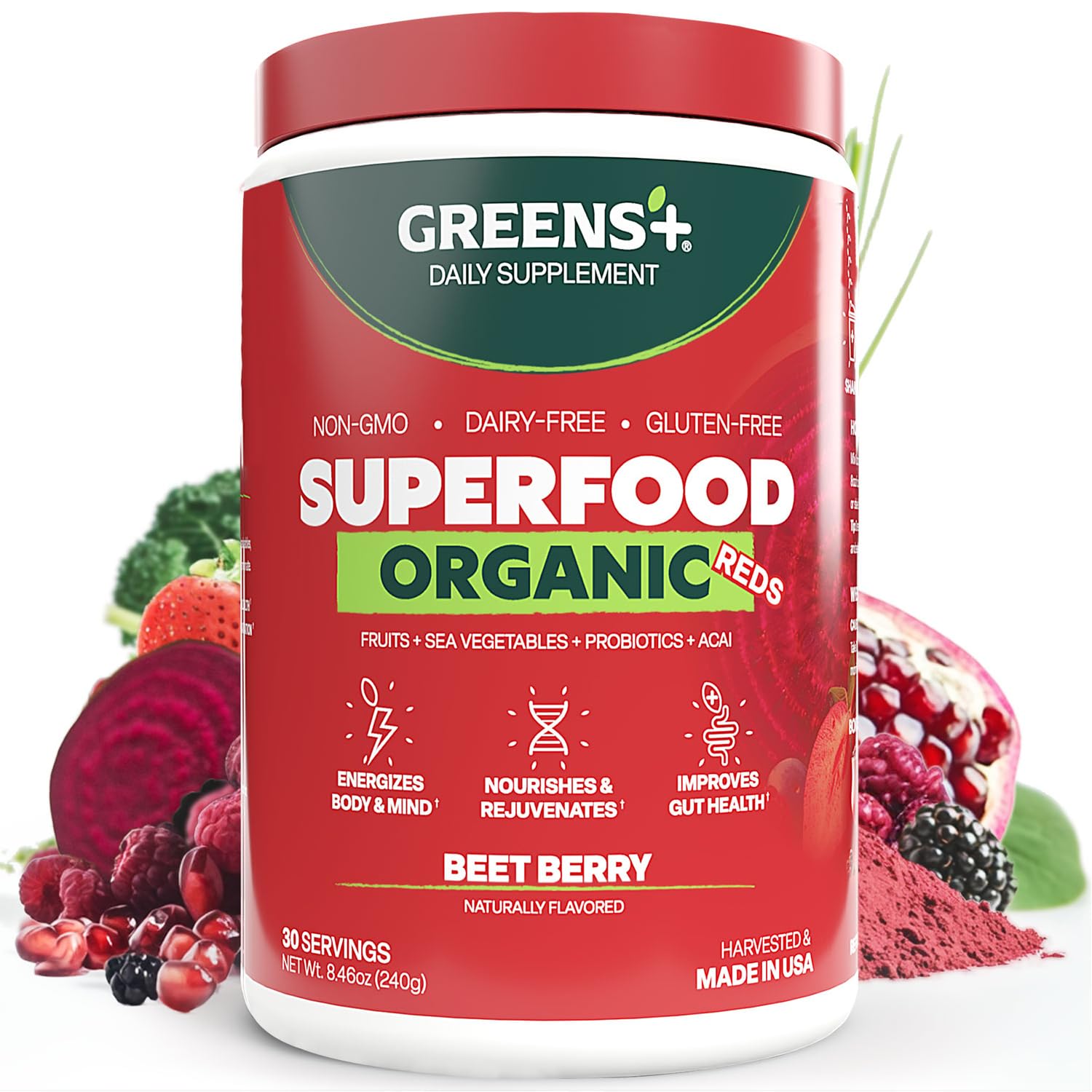 Greens+ Organic Reds Superfood Powder, Antioxidant, Polyphenol, Blend for Morning Kick, Energy, Vitality Boost, Nutrition, Vibrant Health, Vegan Soy/Dairy/Gluten Free(8.46oz) - TrustMedUSA