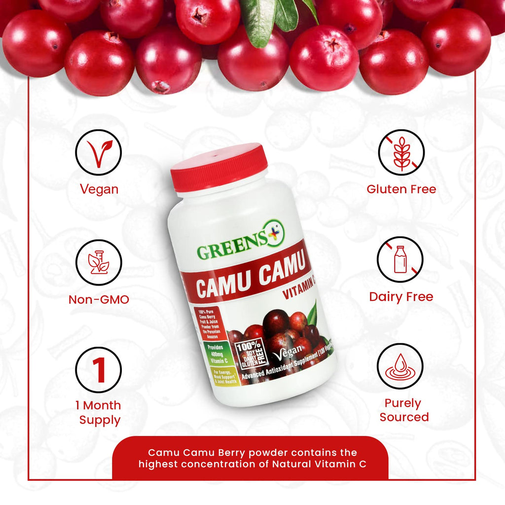 Greens+ Organic Reds Superfood Powder Camu Camu Dietary 400mg Vitamin C SuperFruit Supplement 120 Capsules, 100% Natural, Vitamins & Minerals, Vegan, Soy/Dairy/Gluten Free - TrustMedUSA