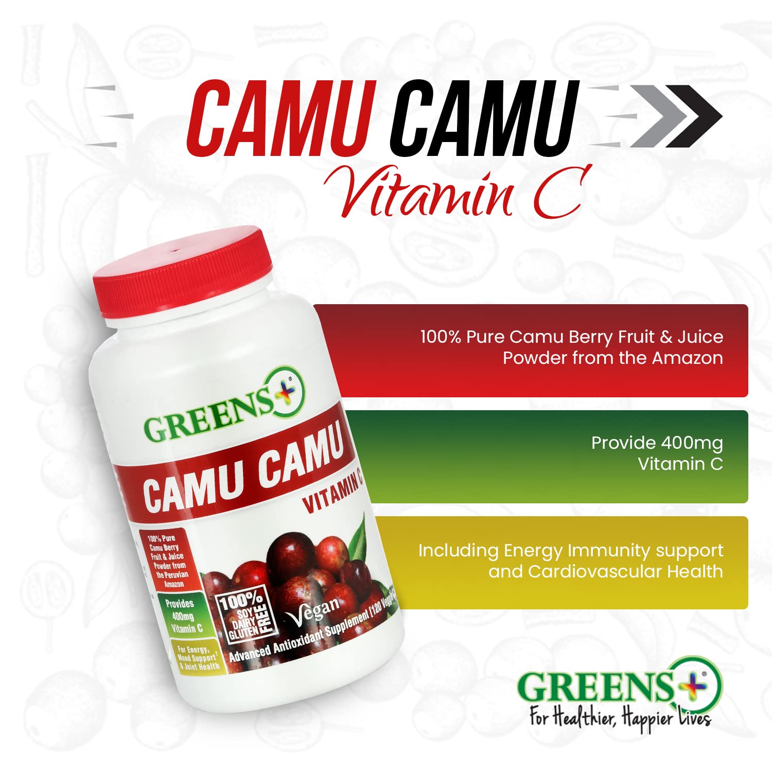 Greens+ Organic Reds Superfood Powder Camu Camu Dietary 400mg Vitamin C SuperFruit Supplement 120 Capsules, 100% Natural, Vitamins & Minerals, Vegan, Soy/Dairy/Gluten Free - TrustMedUSA