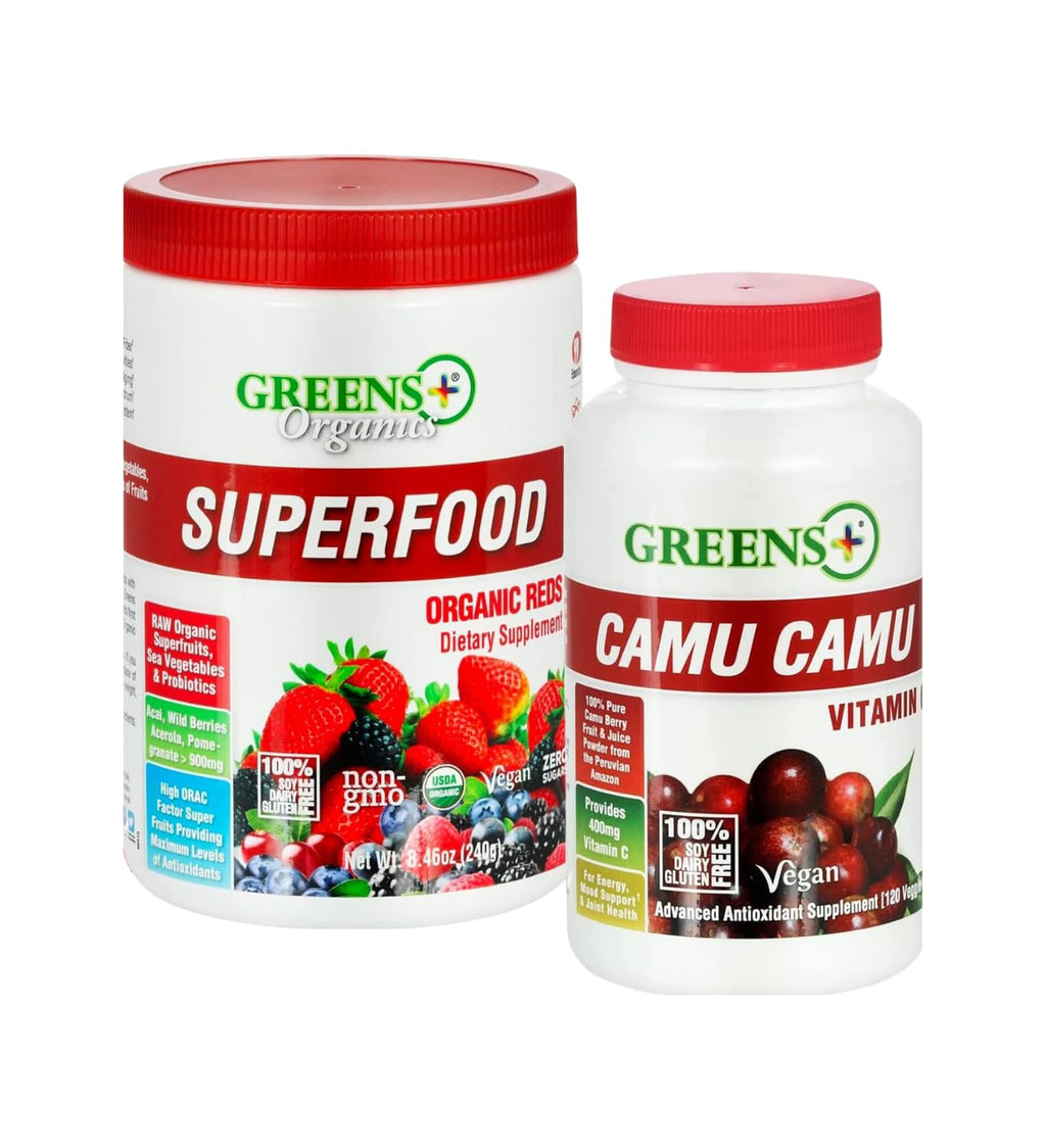 Greens+ Organic Reds Superfood Powder Camu Camu Dietary 400mg Vitamin C SuperFruit Supplement 120 Capsules, 100% Natural, Vitamins & Minerals, Vegan, Soy/Dairy/Gluten Free - TrustMedUSA