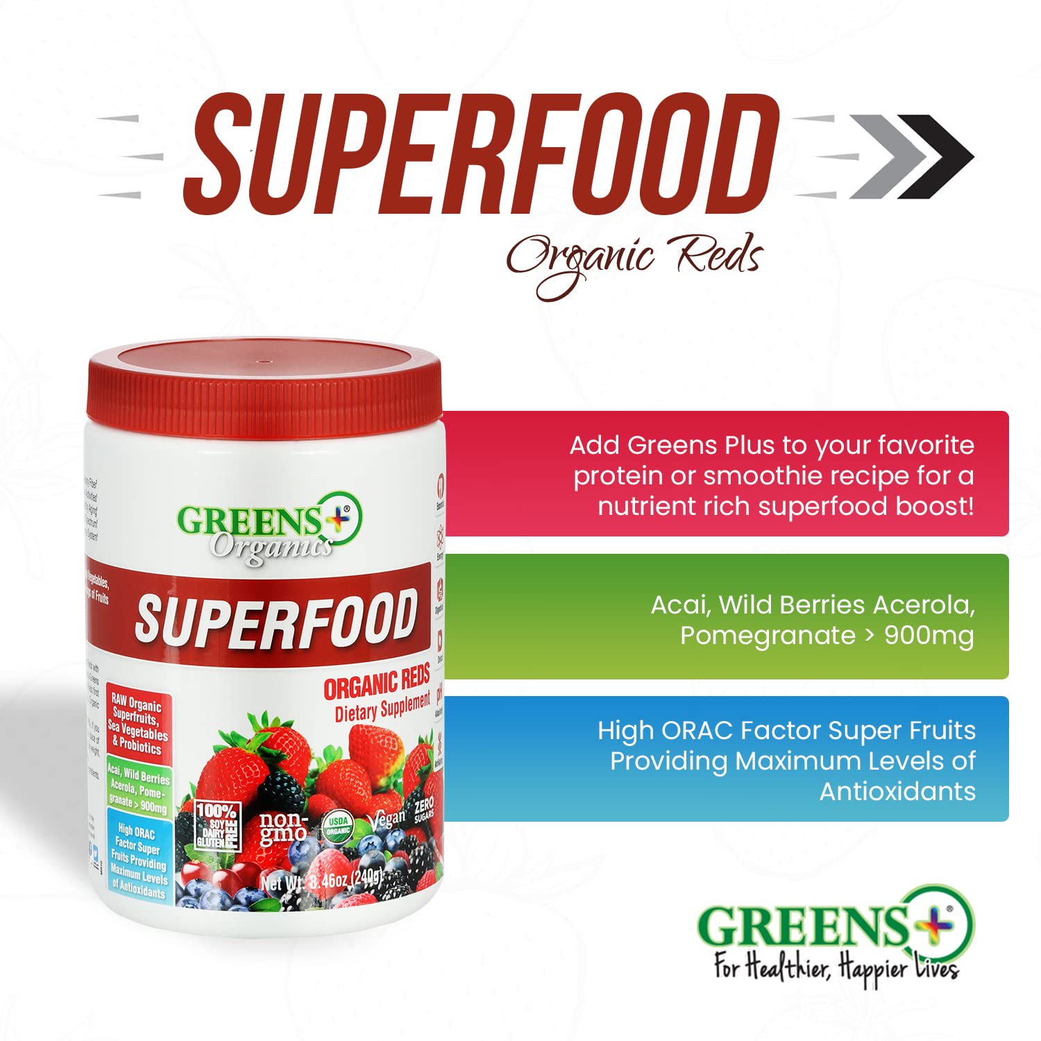 Greens+ Organic Reds Superfood Powder Camu Camu Dietary 400mg Vitamin C SuperFruit Supplement 120 Capsules, 100% Natural, Vitamins & Minerals, Vegan, Soy/Dairy/Gluten Free - TrustMedUSA