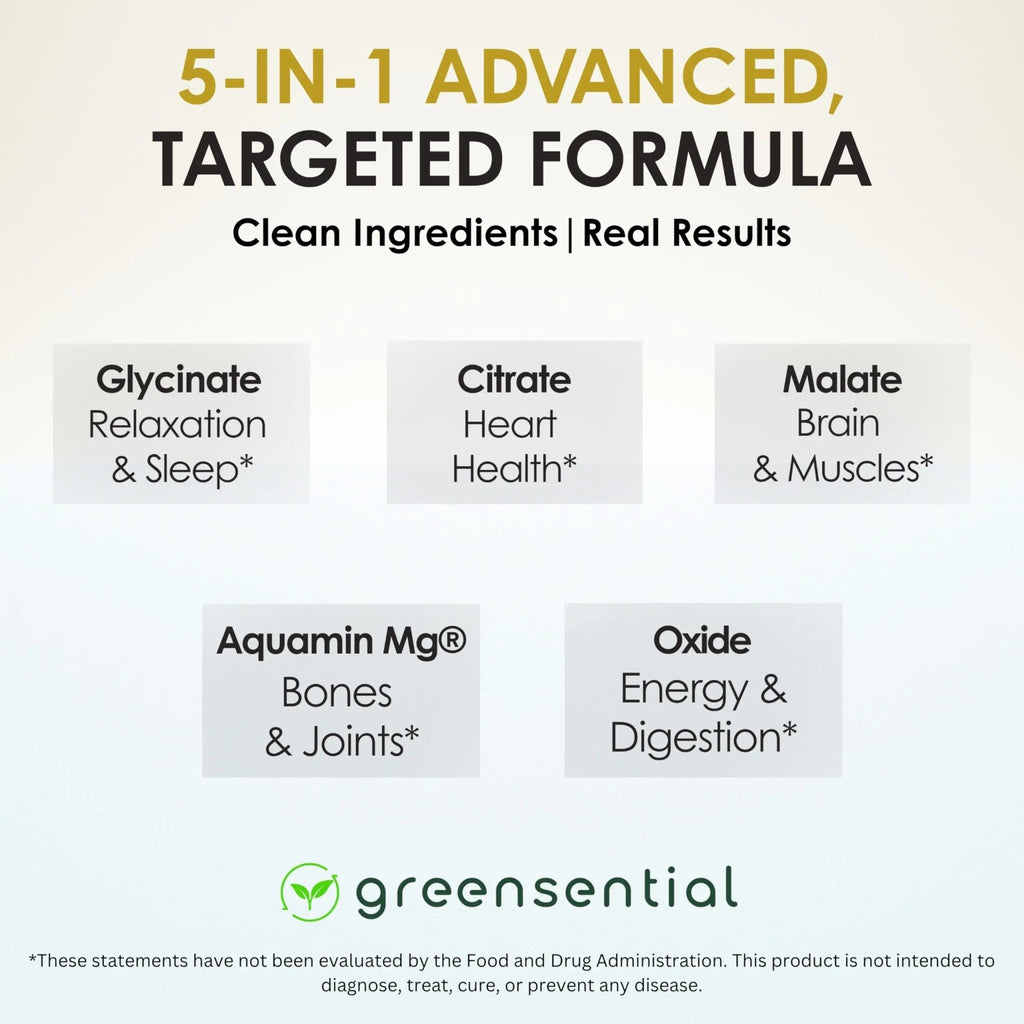 Greensential 5-in-1 Magnesium Complex 500mg | Glycinate, Malate, Citrate, Oxide & Aquamin® | for Sleep, Muscle & Heart Support | High Absorption, Vegan, 120 Capsules - TrustMedUSA