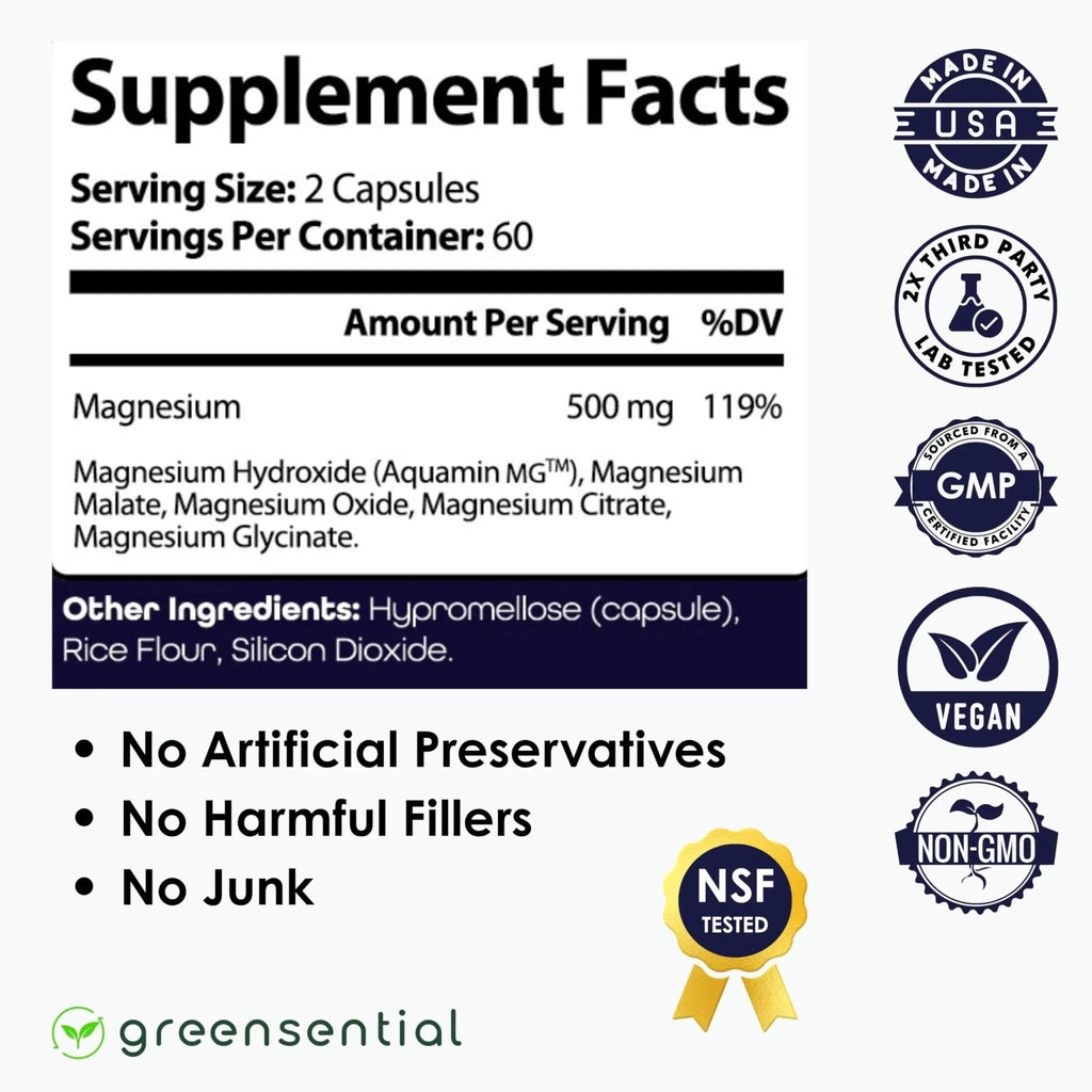 Greensential 5-in-1 Magnesium Complex 500mg | Glycinate, Malate, Citrate, Oxide & Aquamin® | for Sleep, Muscle & Heart Support | High Absorption, Vegan, 120 Capsules - TrustMedUSA