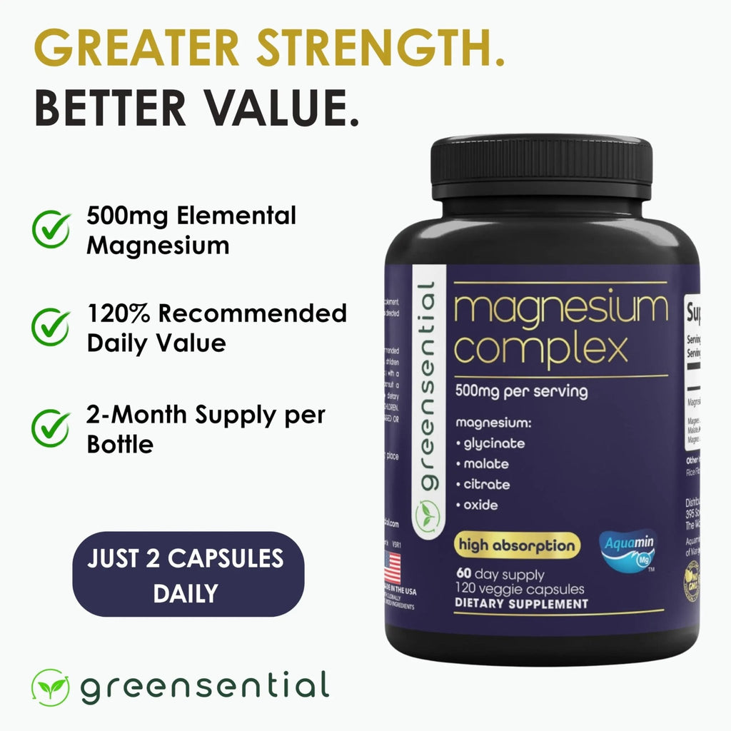 Greensential 5-in-1 Magnesium Complex 500mg | Glycinate, Malate, Citrate, Oxide & Aquamin® | for Sleep, Muscle & Heart Support | High Absorption, Vegan, 120 Capsules - TrustMedUSA