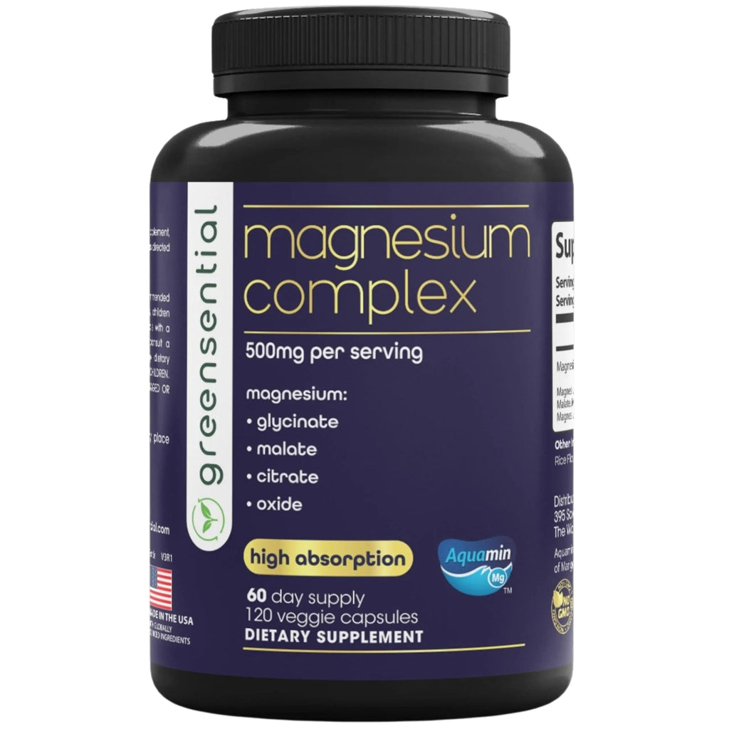 Greensential 5-in-1 Magnesium Complex 500mg | Glycinate, Malate, Citrate, Oxide & Aquamin® | for Sleep, Muscle & Heart Support | High Absorption, Vegan, 120 Capsules - TrustMedUSA
