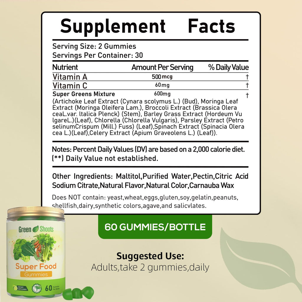 Greenshoots Super Food Gummies with Super Greens Blend, Vitamin A & C – Broccoli, Spinach, Moringa & Chlorella – Vegan, Sugar Free, Daily Nutrition Support, 60 Gummies - TrustMedUSA