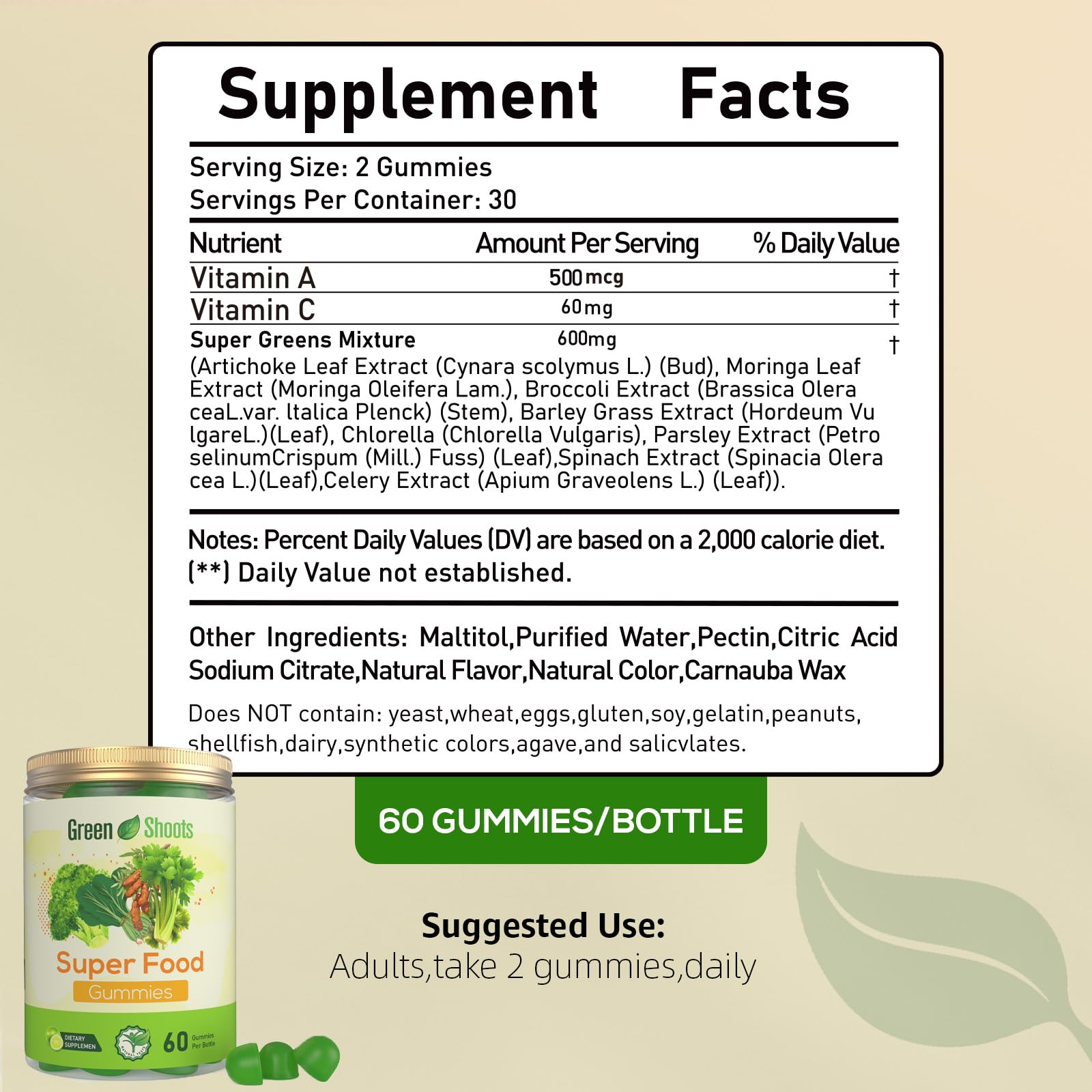 Greenshoots Super Food Gummies with Super Greens Blend, Vitamin A & C – Broccoli, Spinach, Moringa & Chlorella – Vegan, Sugar Free, Daily Nutrition Support, 60 Gummies - TrustMedUSA