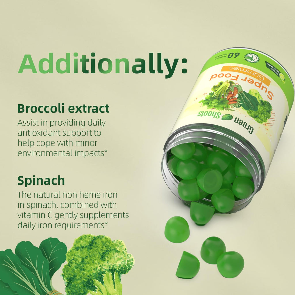 Greenshoots Super Food Gummies with Super Greens Blend, Vitamin A & C – Broccoli, Spinach, Moringa & Chlorella – Vegan, Sugar Free, Daily Nutrition Support, 60 Gummies - TrustMedUSA