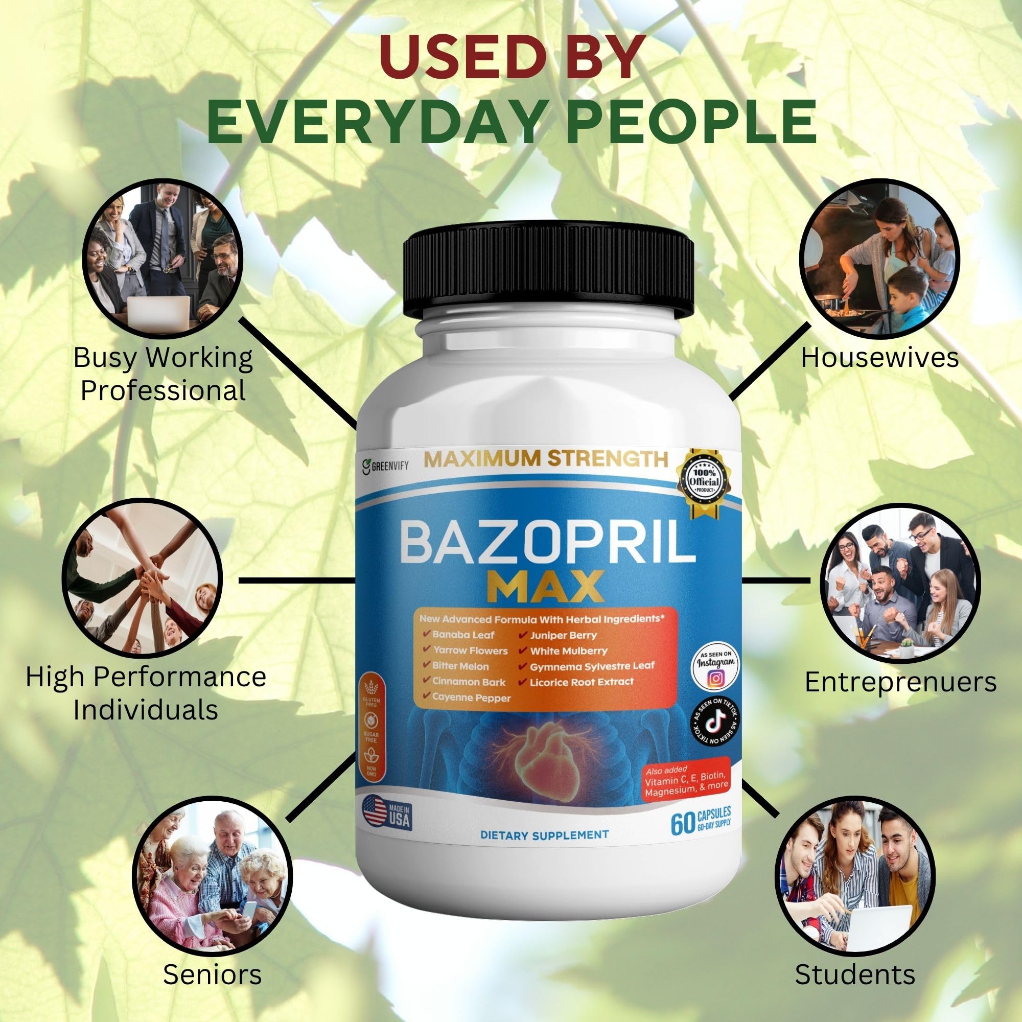 GREENVIFY Bazopril Max Maximum Strength Dietary Supplement, 60 Capsules, with Herbal Blend, Vitamins & Minerals (1) - TrustMedUSA