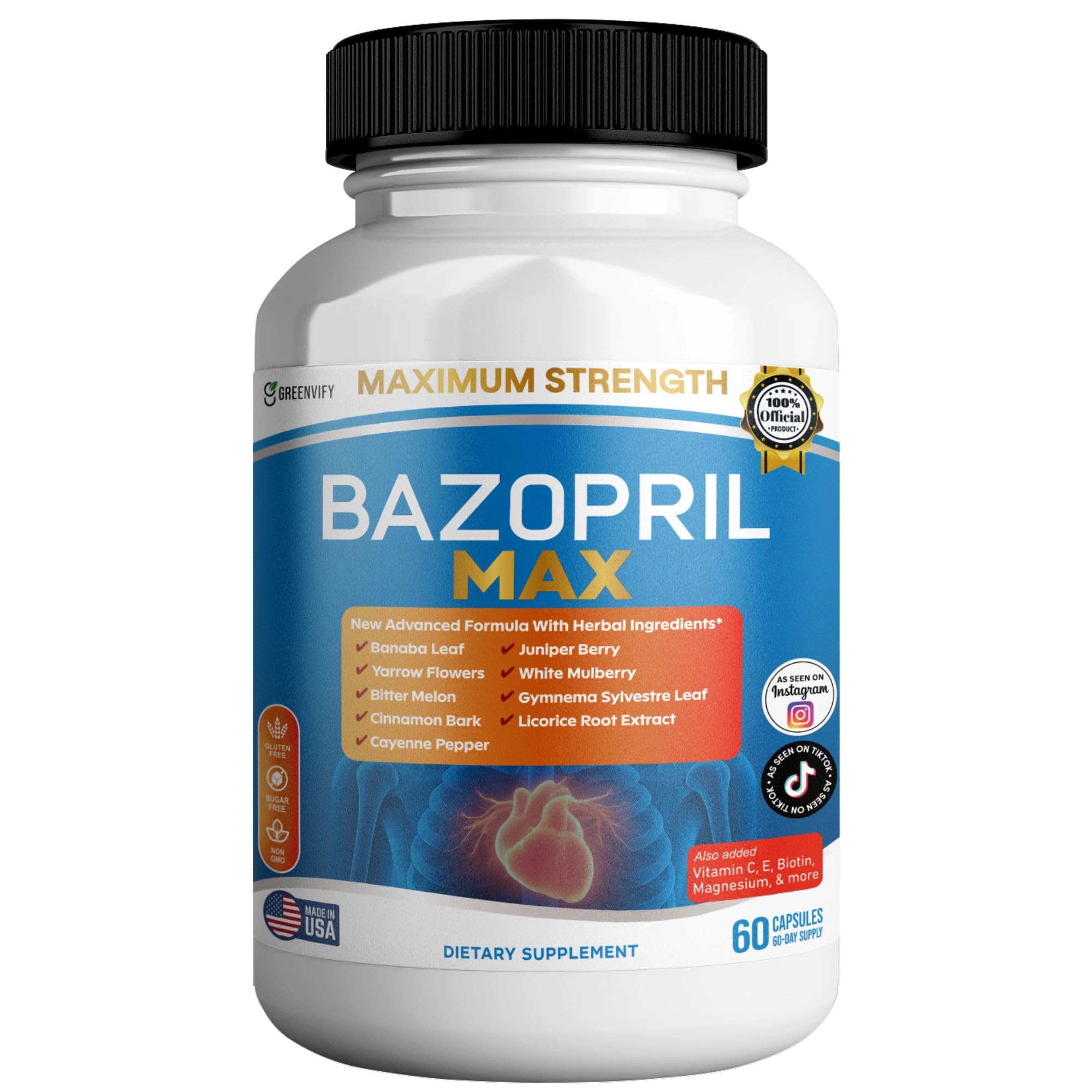 GREENVIFY Bazopril Max Maximum Strength Dietary Supplement, 60 Capsules, with Herbal Blend, Vitamins & Minerals (1) - TrustMedUSA