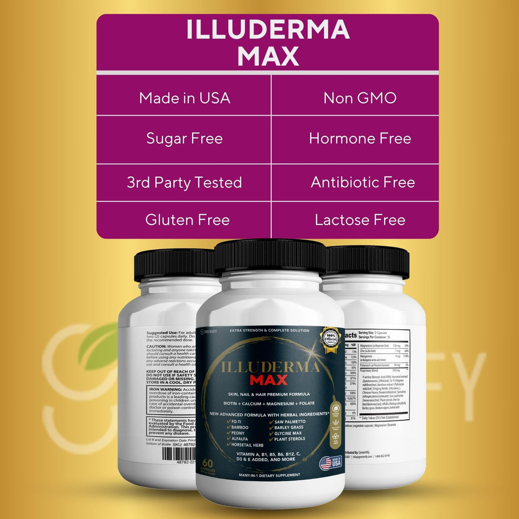 GREENVIFY Illuderma Max Hair, Skin and Nail Supplement, 60 Capsules, with Biotin 5000mcg, Vitamins and Herbal Blend (1) - TrustMedUSA