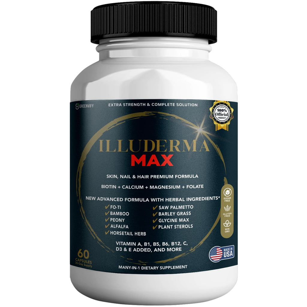 GREENVIFY Illuderma Max Hair, Skin and Nail Supplement, 60 Capsules, with Biotin 5000mcg, Vitamins and Herbal Blend (1) - TrustMedUSA