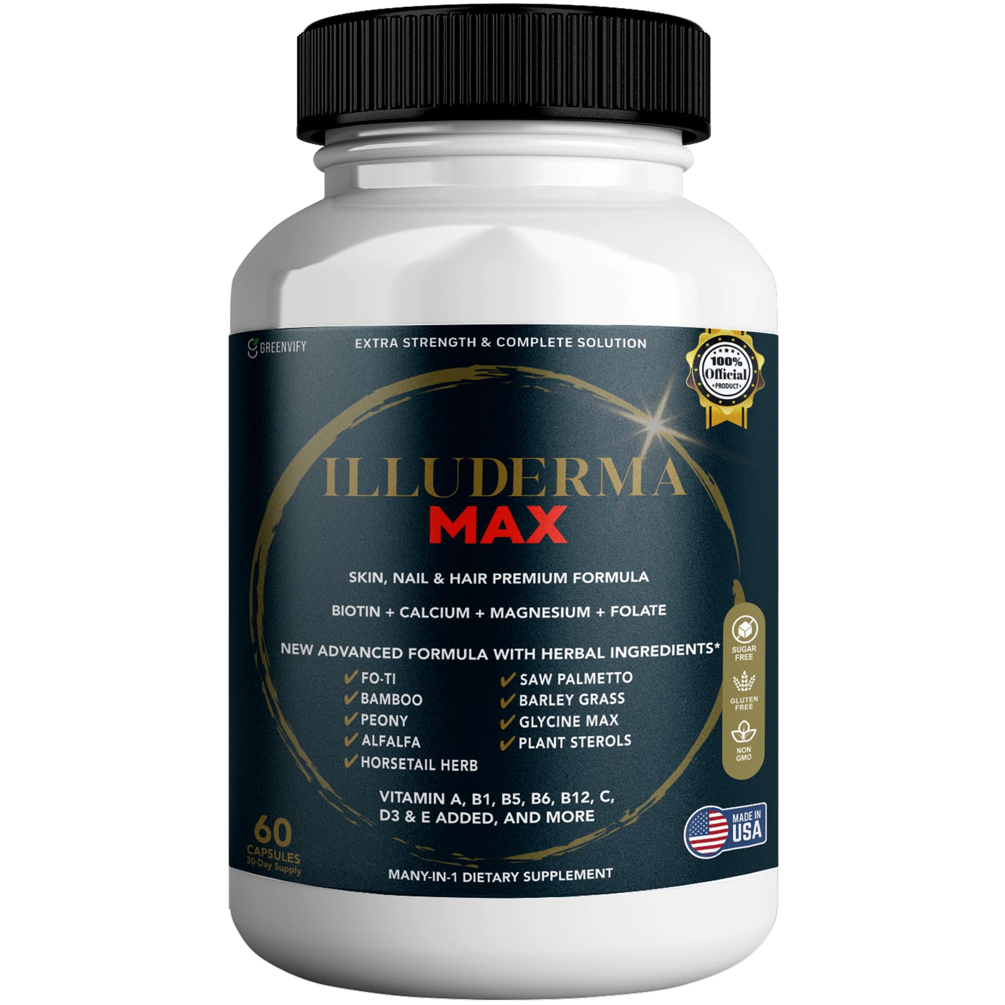 GREENVIFY Illuderma Max Hair, Skin and Nail Supplement, 60 Capsules, with Biotin 5000mcg, Vitamins and Herbal Blend (1) - TrustMedUSA