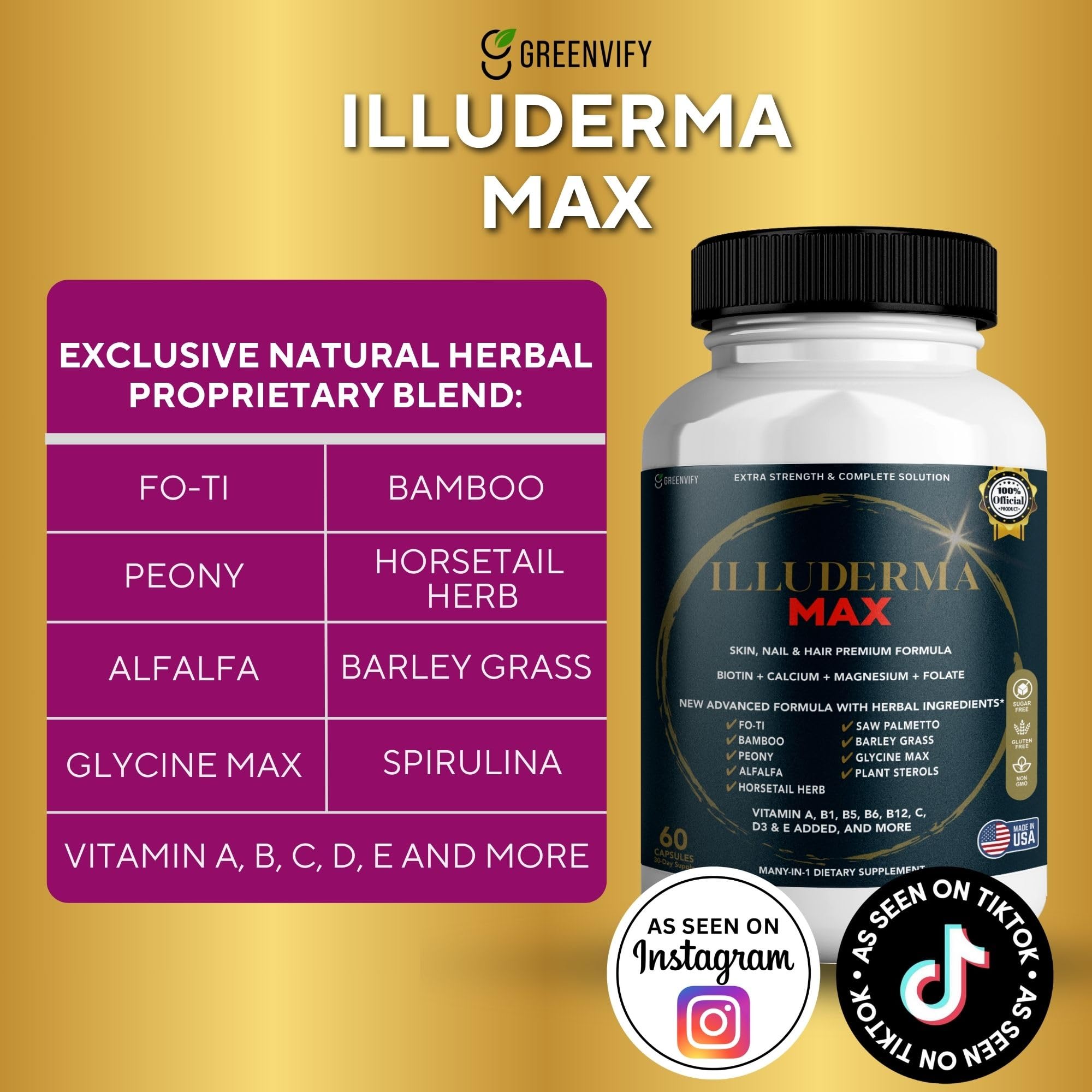 GREENVIFY Illuderma Max Hair, Skin and Nail Supplement, 60 Capsules, with Biotin 5000mcg, Vitamins and Herbal Blend (1) - TrustMedUSA