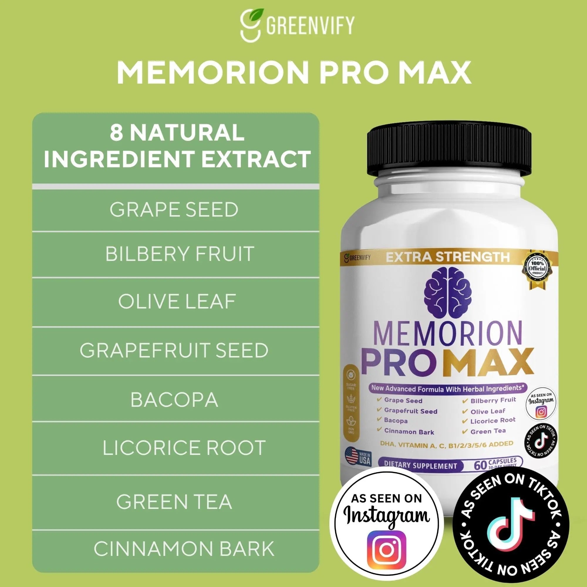GREENVIFY Memorion Pro Max Extra Strength Brain Support Supplement, 60 Capsules, with DHA, Vitamins, Herbal Blend, 30-Day Supply (1) - TrustMedUSA