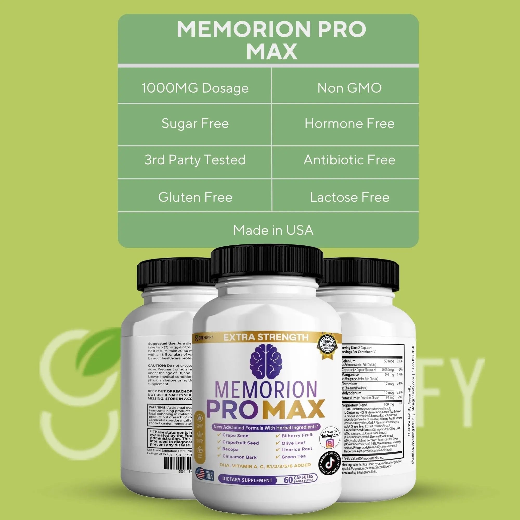 GREENVIFY Memorion Pro Max Extra Strength Brain Support Supplement, 60 Capsules, with DHA, Vitamins, Herbal Blend, 30-Day Supply (1) - TrustMedUSA