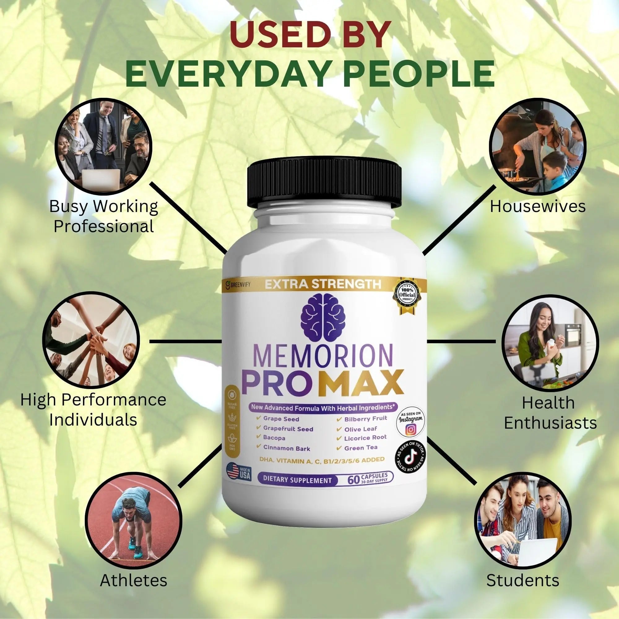 GREENVIFY Memorion Pro Max Extra Strength Brain Support Supplement, 60 Capsules, with DHA, Vitamins, Herbal Blend, 30-Day Supply (1) - TrustMedUSA