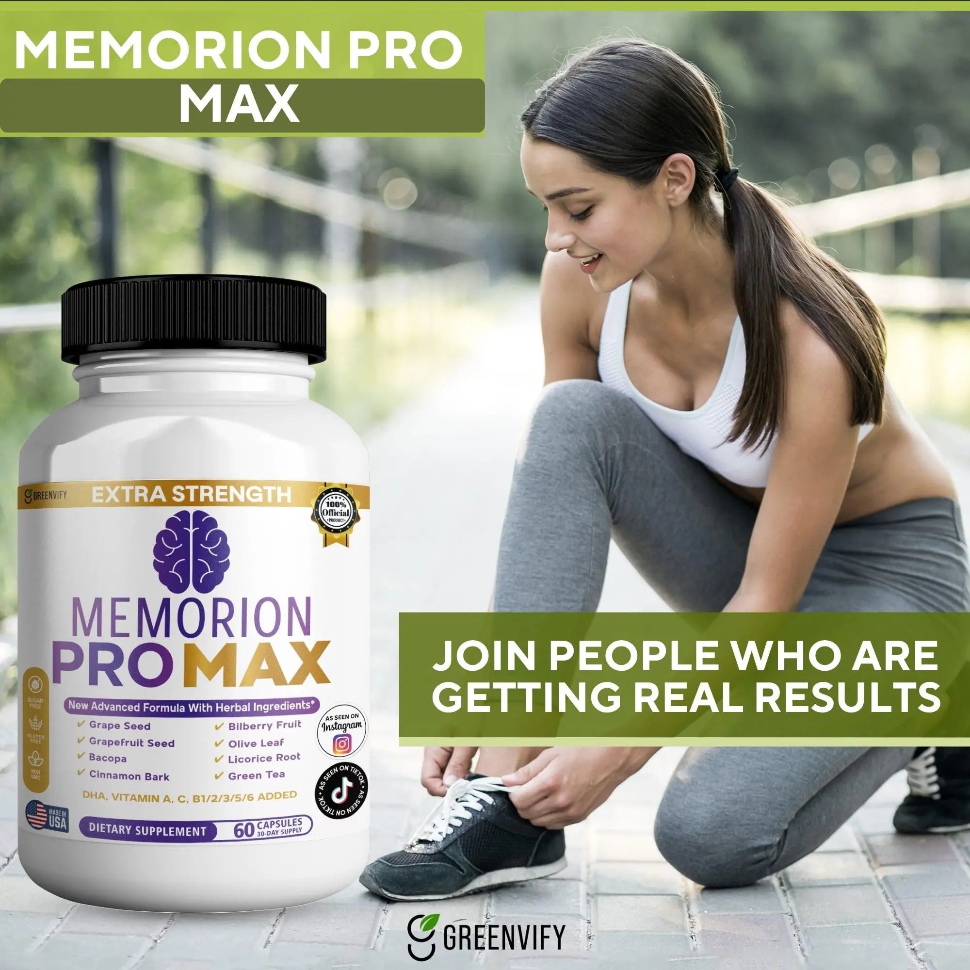 GREENVIFY Memorion Pro Max Extra Strength Brain Support Supplement, 60 Capsules, with DHA, Vitamins, Herbal Blend, 30-Day Supply (1) - TrustMedUSA
