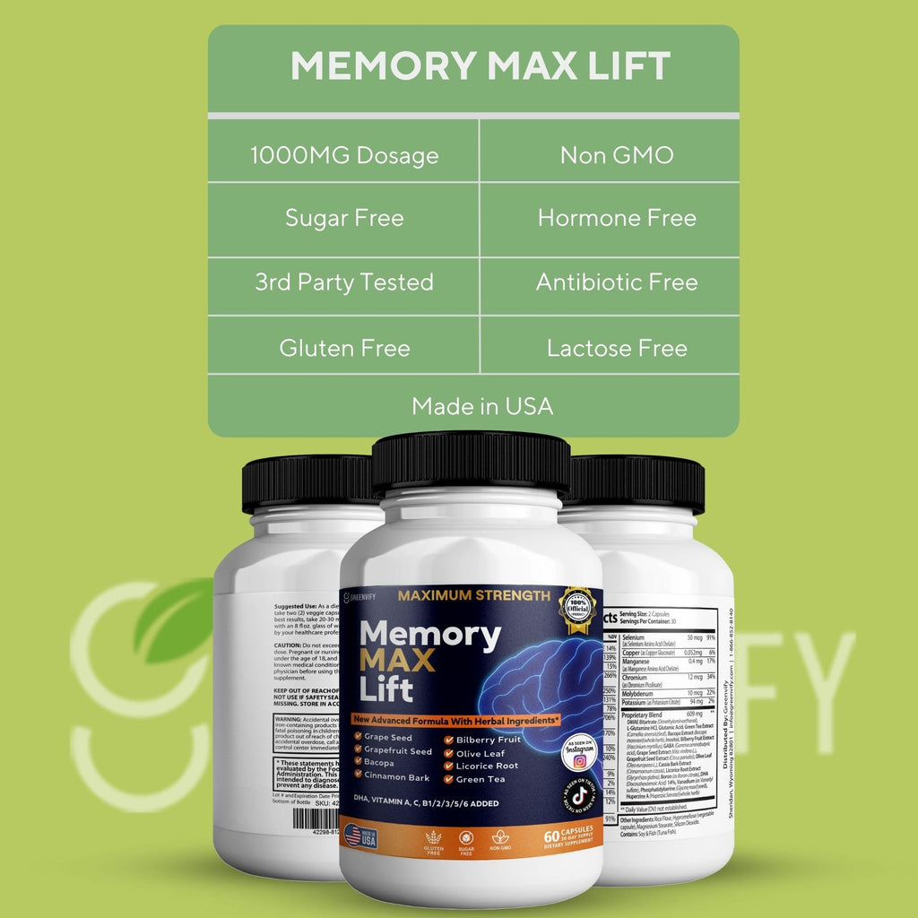 GREENVIFY Memory MAX Lift Brain Support Supplement, 60 Capsules, with Vitamins and Herbal Blend, 30 Day Supply (1) - TrustMedUSA