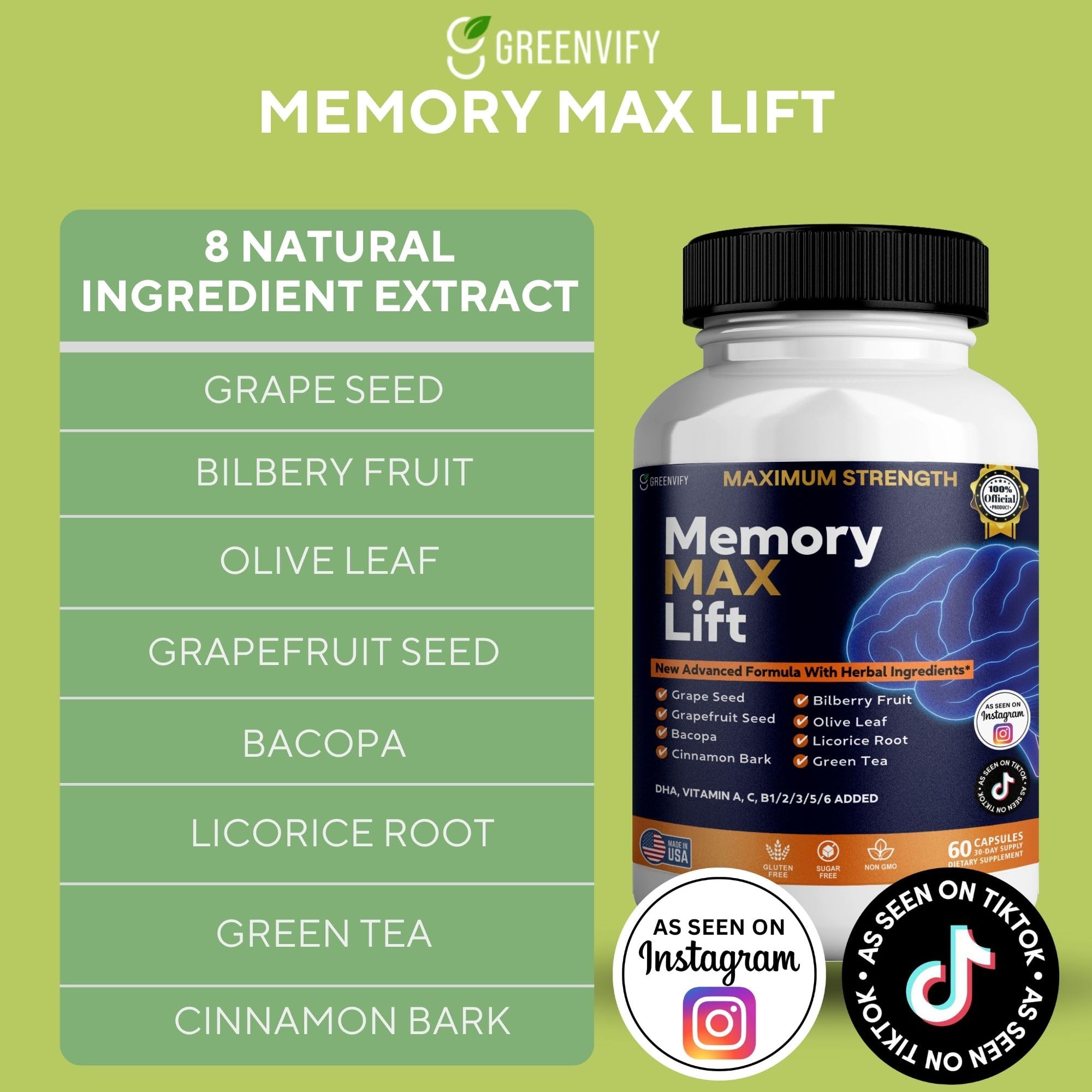 GREENVIFY Memory MAX Lift Brain Support Supplement, 60 Capsules, with Vitamins and Herbal Blend, 30 Day Supply (1) - TrustMedUSA