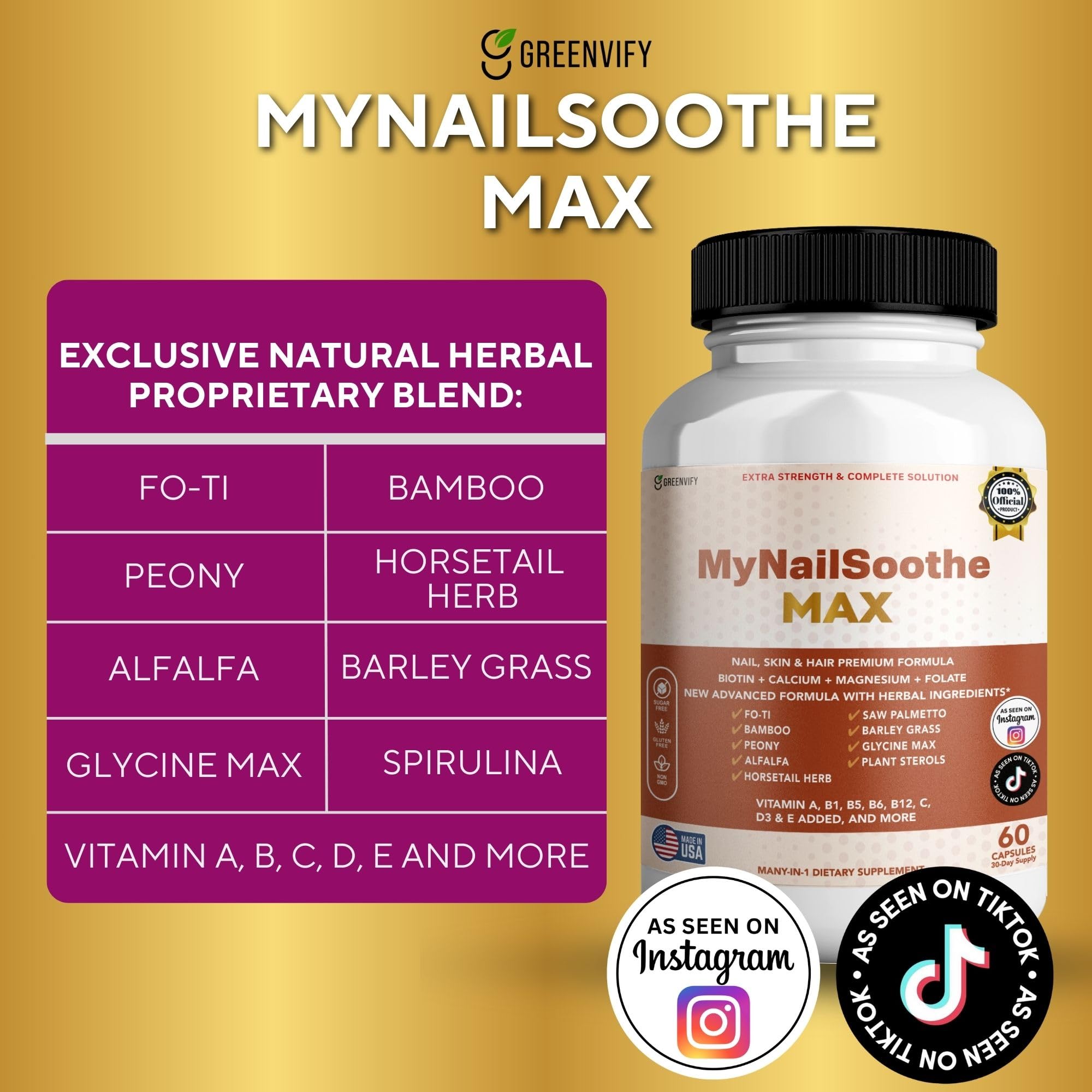 GREENVIFY MyNailSoothe MAX Hair, Skin & Nail Supplement, 60 Capsules, with Biotin 5000mcg, Vitamins, Minerals & Herbal Blend (1) - TrustMedUSA