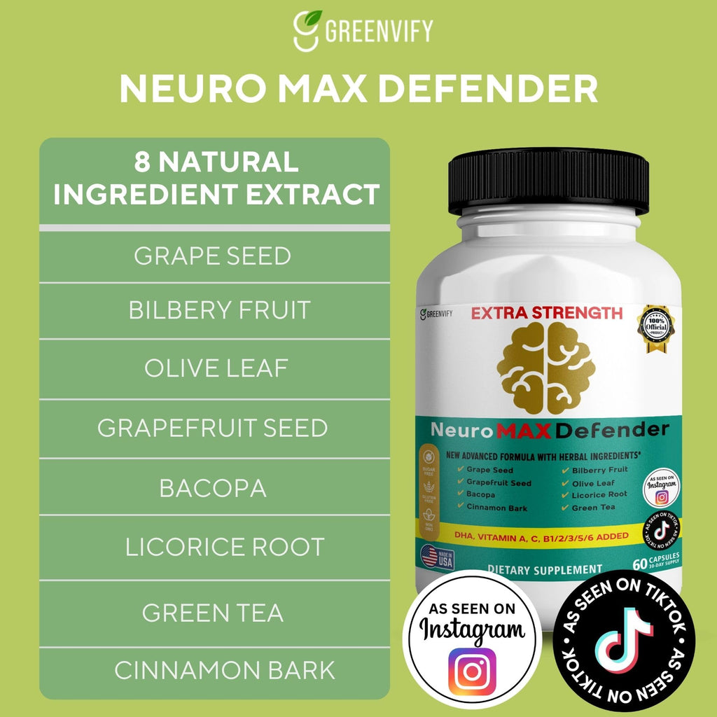 GREENVIFY NeuroMAX Defender Extra Strength Brain Support Supplement with Herbal Blend, 60 Capsules, DHA, B12, Vitamins A C D E, Selenium, 30-Day Supply (1) - TrustMedUSA