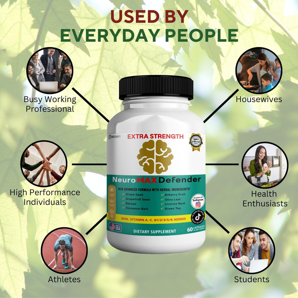 GREENVIFY NeuroMAX Defender Extra Strength Brain Support Supplement with Herbal Blend, 60 Capsules, DHA, B12, Vitamins A C D E, Selenium, 30-Day Supply (1) - TrustMedUSA