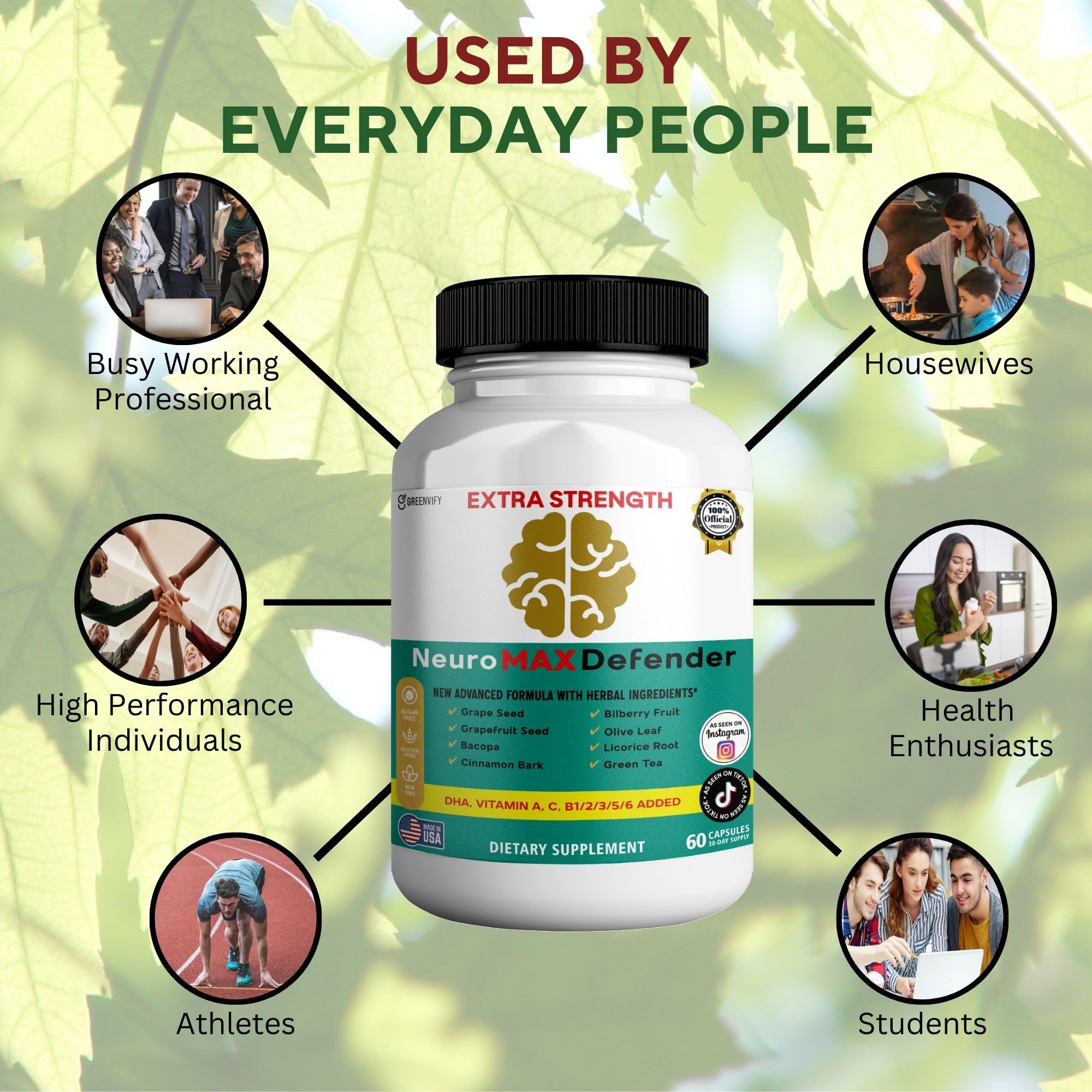 GREENVIFY NeuroMAX Defender Extra Strength Brain Support Supplement with Herbal Blend, 60 Capsules, DHA, B12, Vitamins A C D E, Selenium, 30-Day Supply (1) - TrustMedUSA