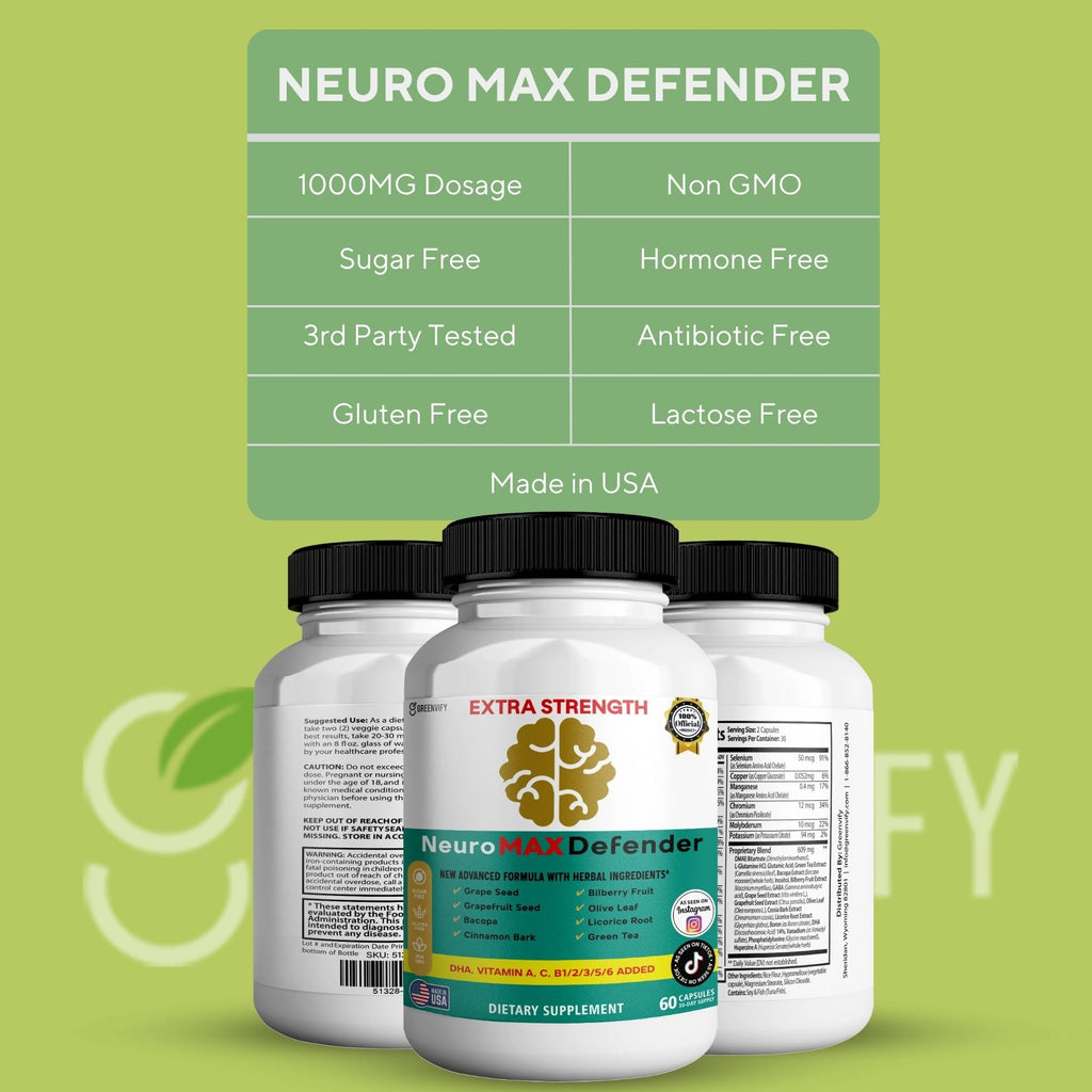 GREENVIFY NeuroMAX Defender Extra Strength Brain Support Supplement with Herbal Blend, 60 Capsules, DHA, B12, Vitamins A C D E, Selenium, 30-Day Supply (1) - TrustMedUSA