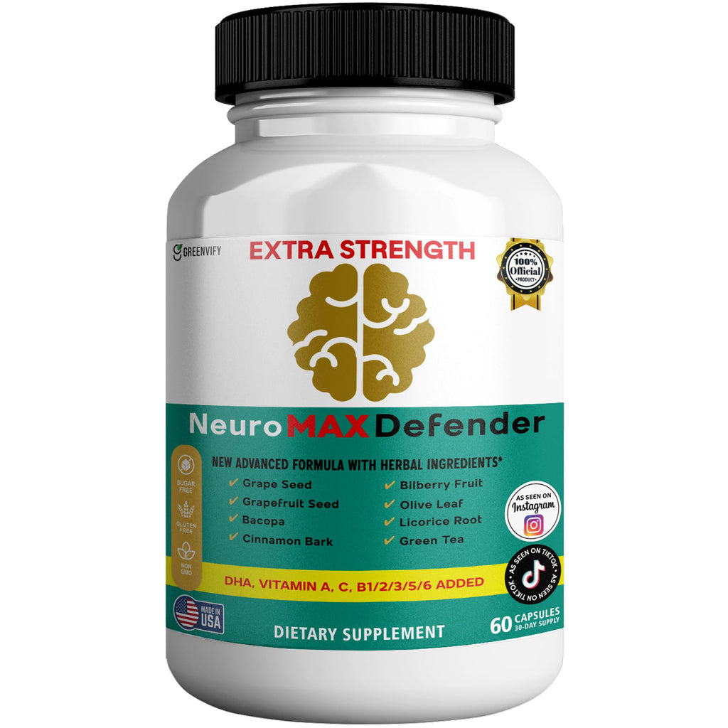 GREENVIFY NeuroMAX Defender Extra Strength Brain Support Supplement with Herbal Blend, 60 Capsules, DHA, B12, Vitamins A C D E, Selenium, 30-Day Supply (1) - TrustMedUSA