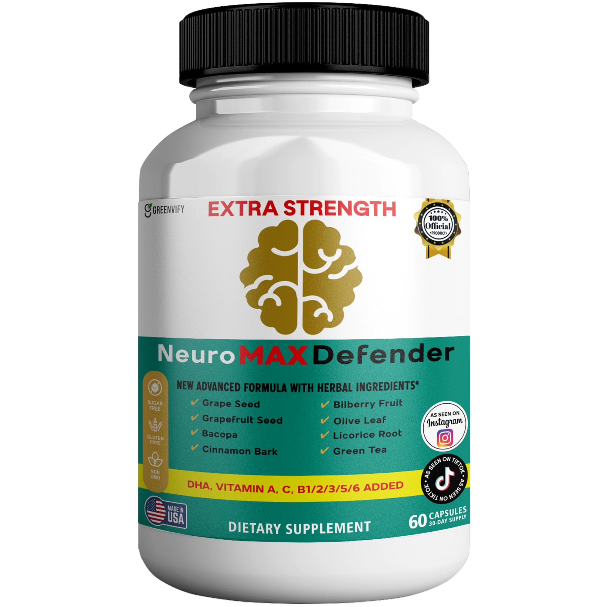 GREENVIFY NeuroMAX Defender Extra Strength Brain Support Supplement with Herbal Blend, 60 Capsules, DHA, B12, Vitamins A C D E, Selenium, 30-Day Supply (1) - TrustMedUSA